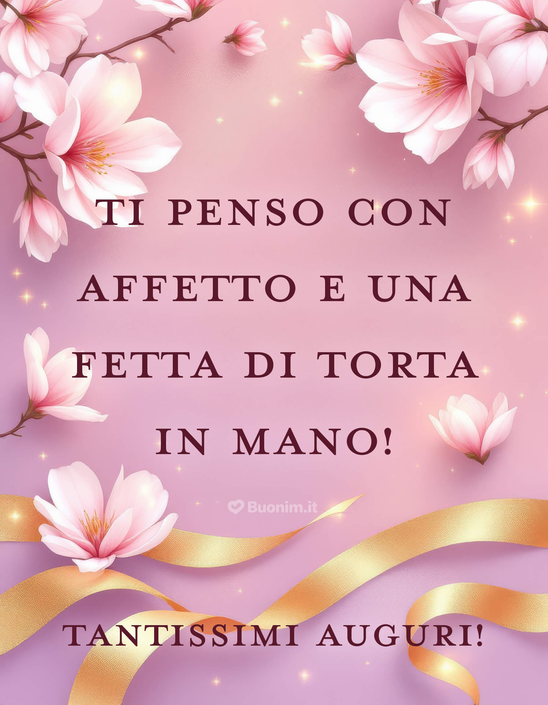Fiori delicati immagini di buon compleanno per donna Petali luminosi e nastro dorato per un pensiero elegante. Per te auguri di cuore, amore e serenità da condividere con chi ti vuole bene.