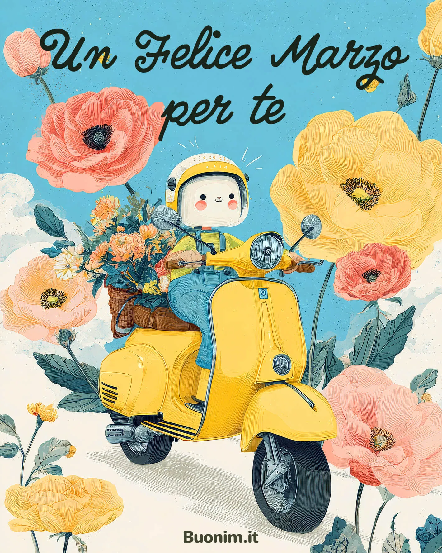 Fiori di marzo in viaggio per augurarti un marzo felice Tra nuvole leggere e colori pastello, arriva un saluto dolcissimo per te. Questa immagine di marzo porta allegria e gentilezza, perfetta da inviare a chi ami.
