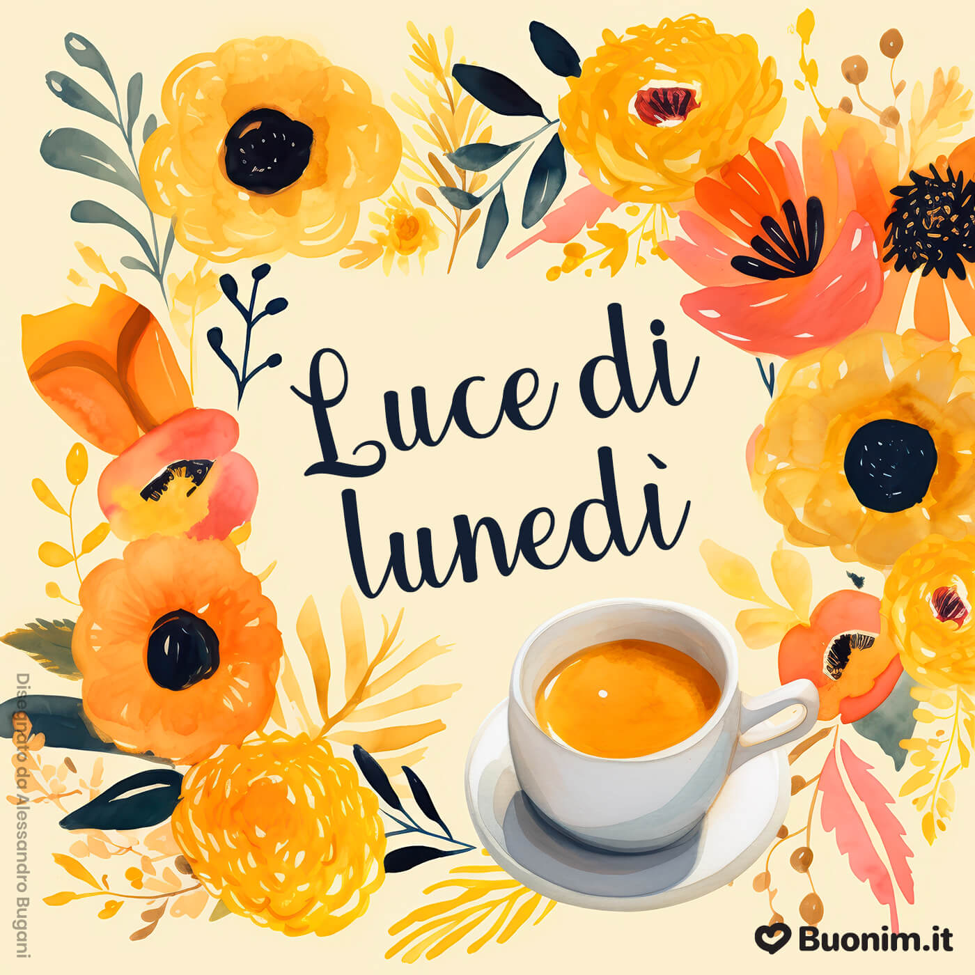 Fiori e luce per un lunedì sereno I colori dei fiori e il profumo di espresso portano luce al tuo lunedì. Che ogni cosa vada al posto giusto, con un abbraccio sincero da inviare a una persona speciale.