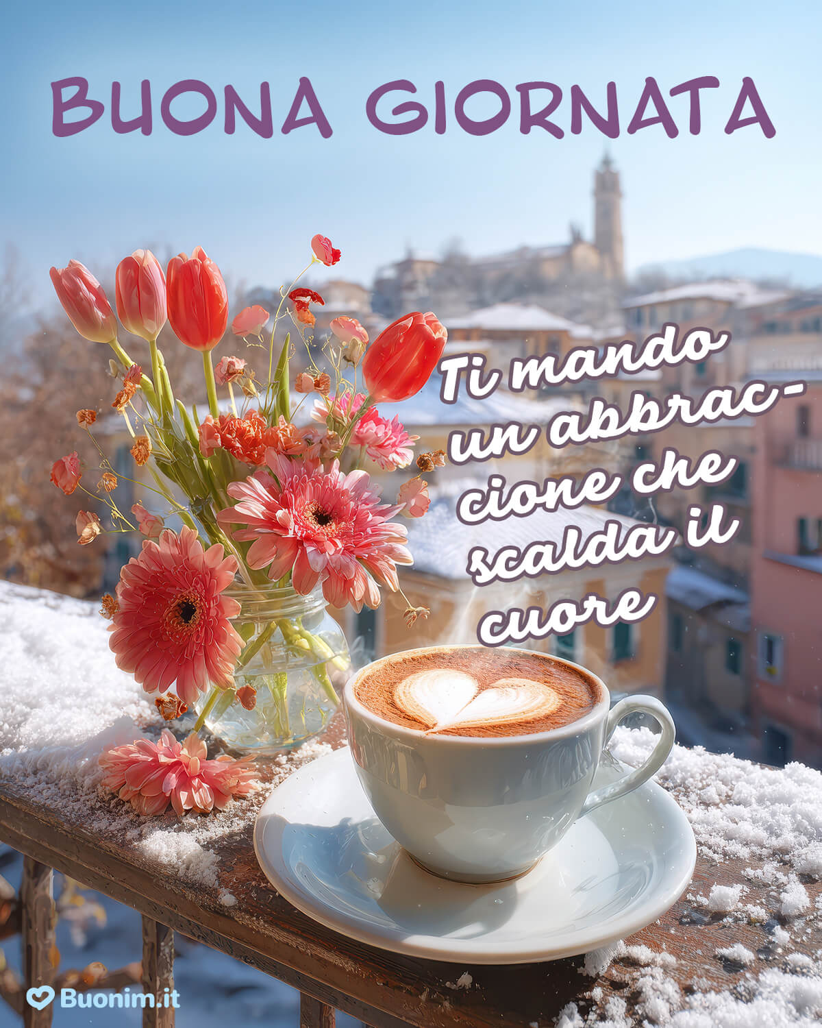Fiori sul balcone e caffè del cuore Ti mando un abbraccio che scalda davvero, come questo cappuccino con il cuore accanto ai fiori. Anche con il freddo fuori, dentro può esserci dolcezza. Buona giornata.