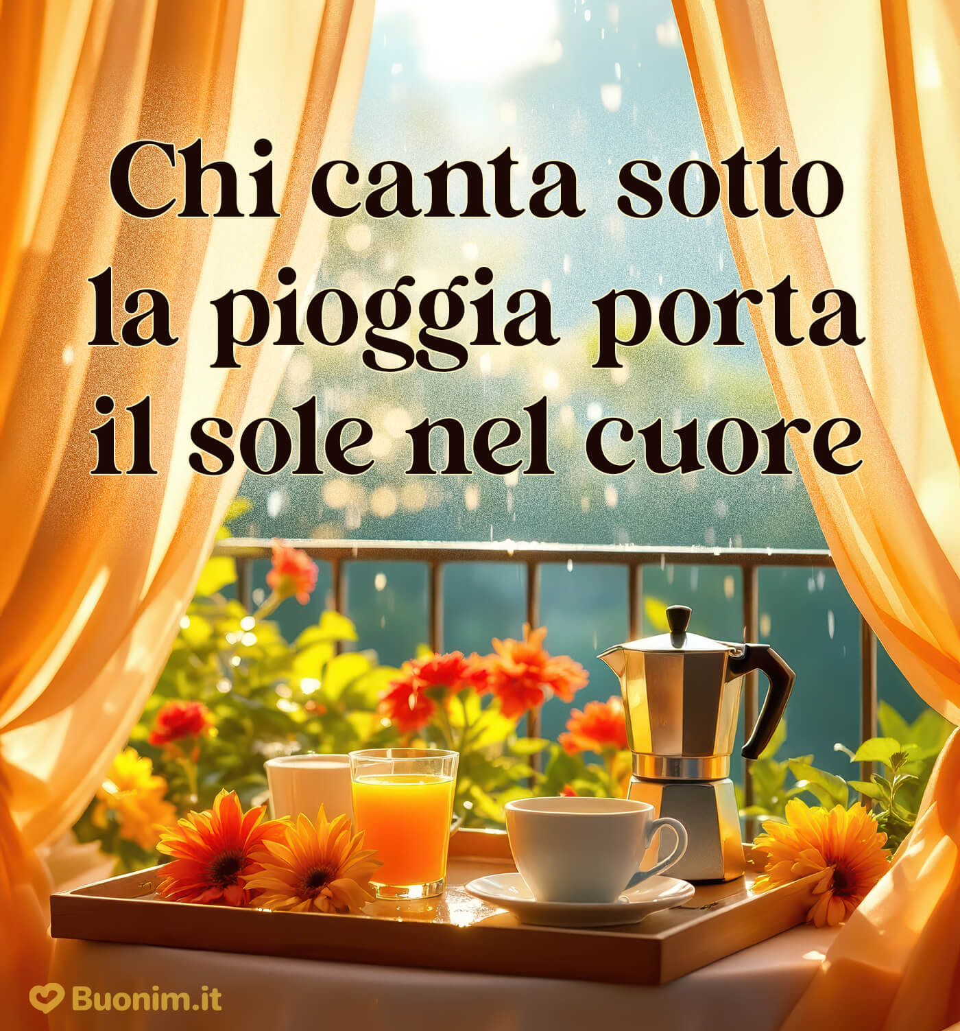 Immagine di buongiorno con la pioggia per regalare affetto e dolcezza Fuori piove, immagini bellissime di pioggia per scaldare la giornata