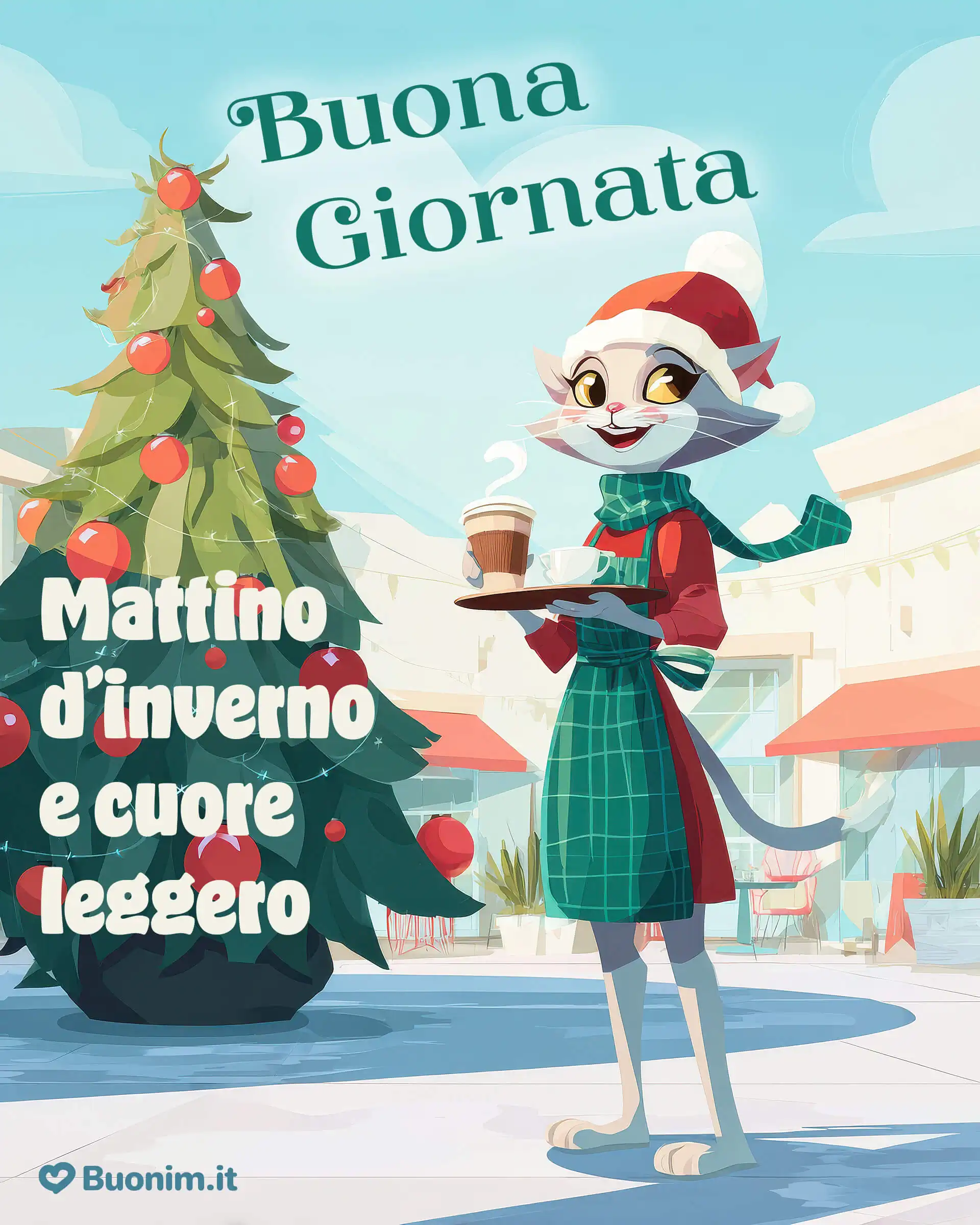 Tra albero addobbato e cappellino, la micia porge la tazza fumante e ti pensa con affetto. Un’immagine dell’inverno che profuma di casa, condividi questo buongiornissimo con chi ami e sentiti abbracciato.
