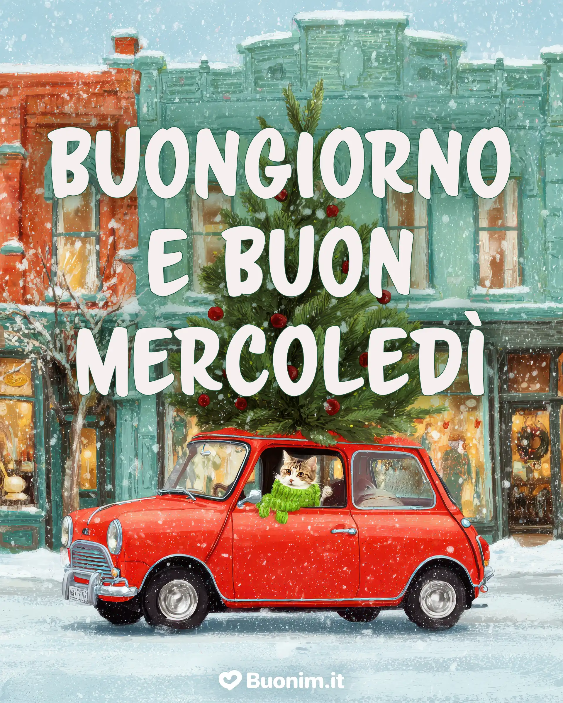 Tra neve che scende e luci di città, questa scena in stile nuovissimo con la macchinina rossa e il micio alla guida ti augura un mercoledì caldo nel cuore. Un’immagine gratuita da inviare per un buongiorno pieno di coccole e allegria.