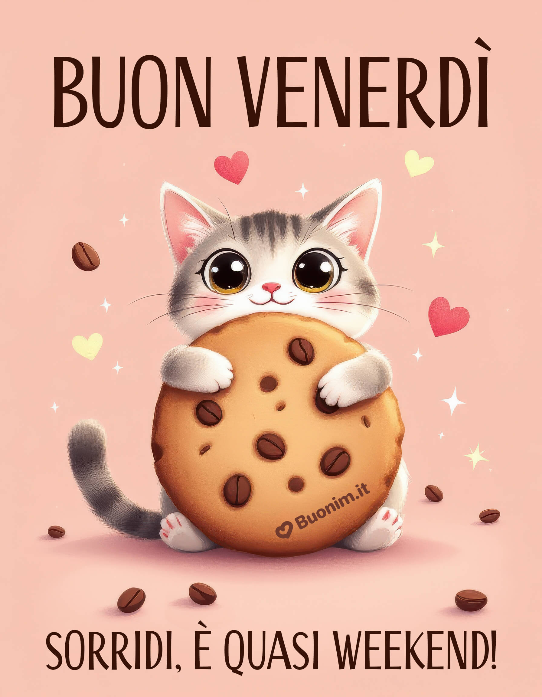 Gattino coccoloso abbraccia il biscotto del buon venerdì Occhioni teneri e profumo di biscotto al caffè, il weekend fa capolino. Ti mando bacini e un buongiornissimo pieno di affetto: sorridi e lascia entrare serenità e fortuna.