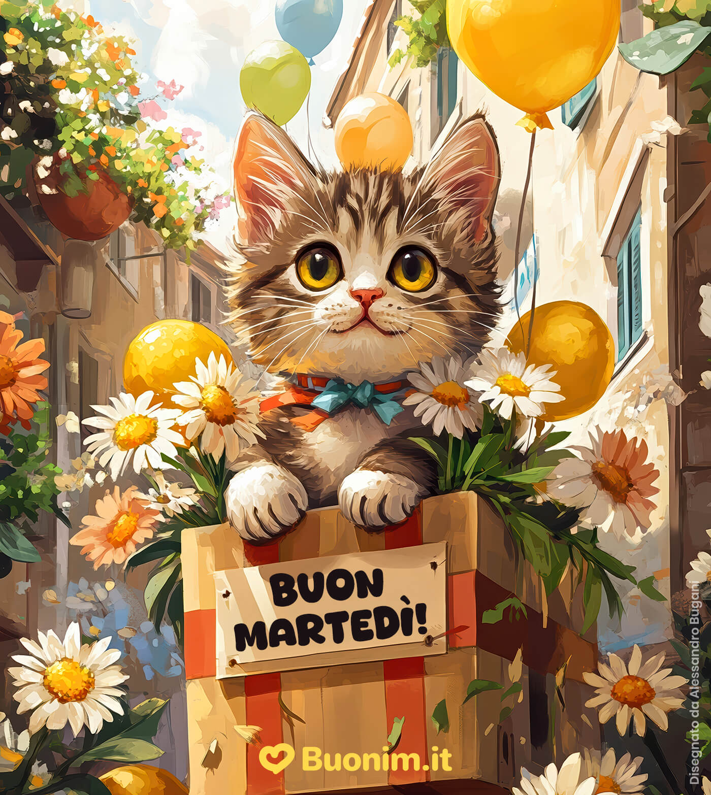 Gattino festoso augura buon martedì pieno di luce Con quei palloncini e un mazzetto di fiori, arriva un augurio tenerissimo. Ti mando un abbraccio grande e ti auguro un martedì felice, tutto da vivere con un sorriso.