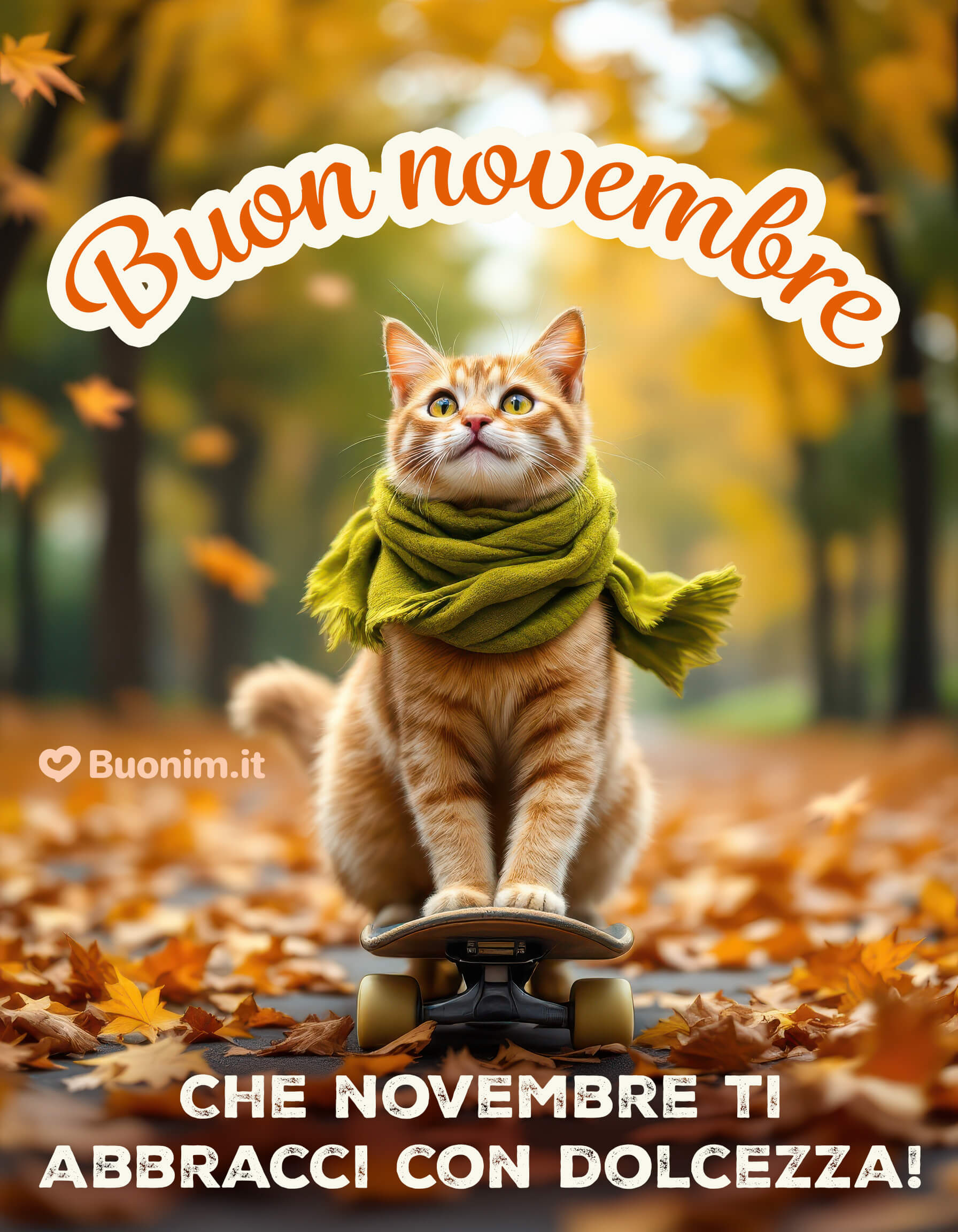 Gattino sullo skate ti augura un felice novembre Con la sciarpa verde e le foglie che danzano, porta una ventata di energia. Buona giornata con immagini di buongiorno autunnale da inviare a chi ami. Che novembre ti abbracci con dolcezza e serenità.