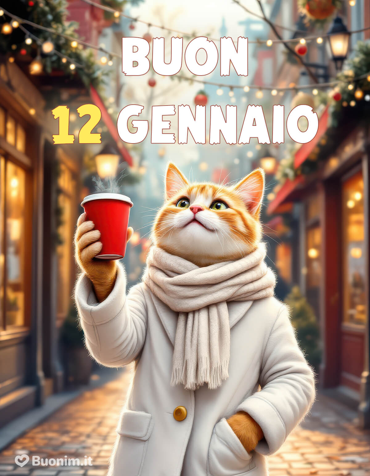 Gatto con cappotto per un buon 12 gennaio Tra lucine e vetrine, il micio alza il caffè come un brindisi. Ti auguro un 12 gennaio pieno di calma, cose belle e un sorriso che resta.