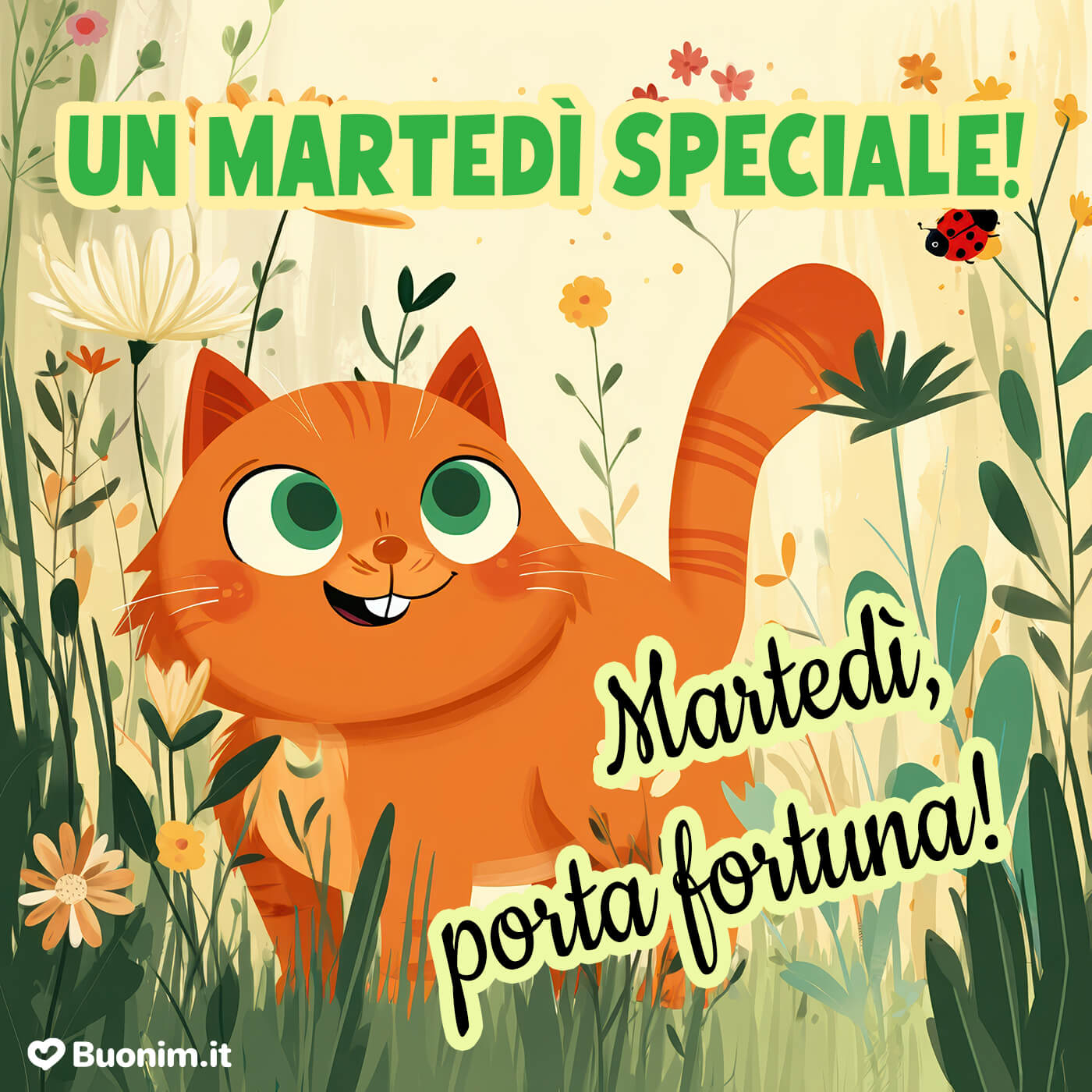 Gatto fortunato augura un martedì speciale Quel gattone dagli occhi grandi porta subito allegria tra i fiori. Ti auguro un martedì fortunato e pieno di energia buona, perfetto da condividere con un abbraccio grande.