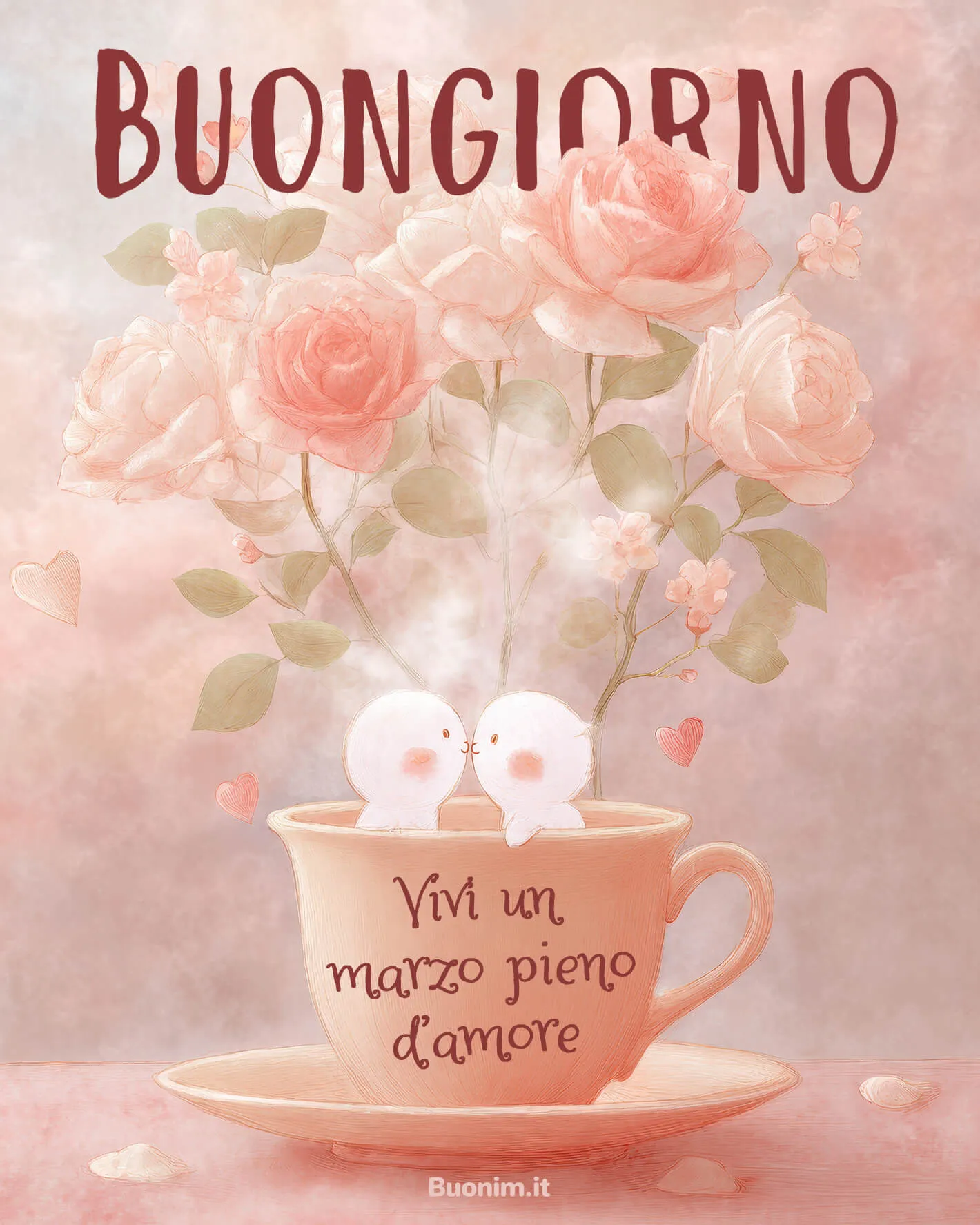 Giornata dolce con rose e abbraccini Tenerezza nell’aria e un tocco romantico al risveglio. Un’immagine per dare il ben arrivato a marzo e per augurarti un buon mese, pieno di cose belle.