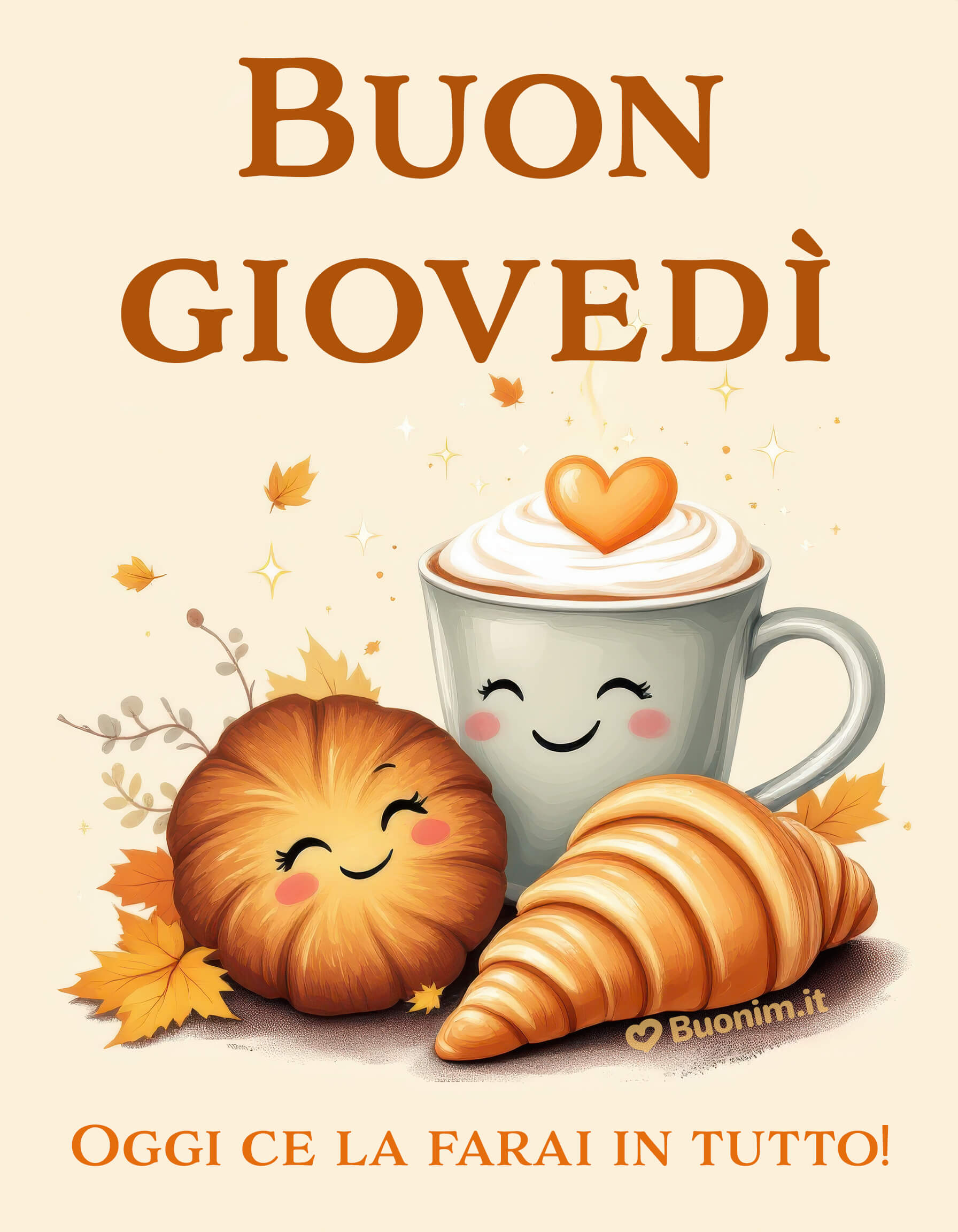Giovedì dolcissimo con cappuccino, cuore e brioche Profumo d’autunno e crema soffice con cuore arancione: la brioche sorride e ti dà carica. Oggi ce la farai in tutto! Buongiorno pieno di coccole, serenità e affetto da condividere.