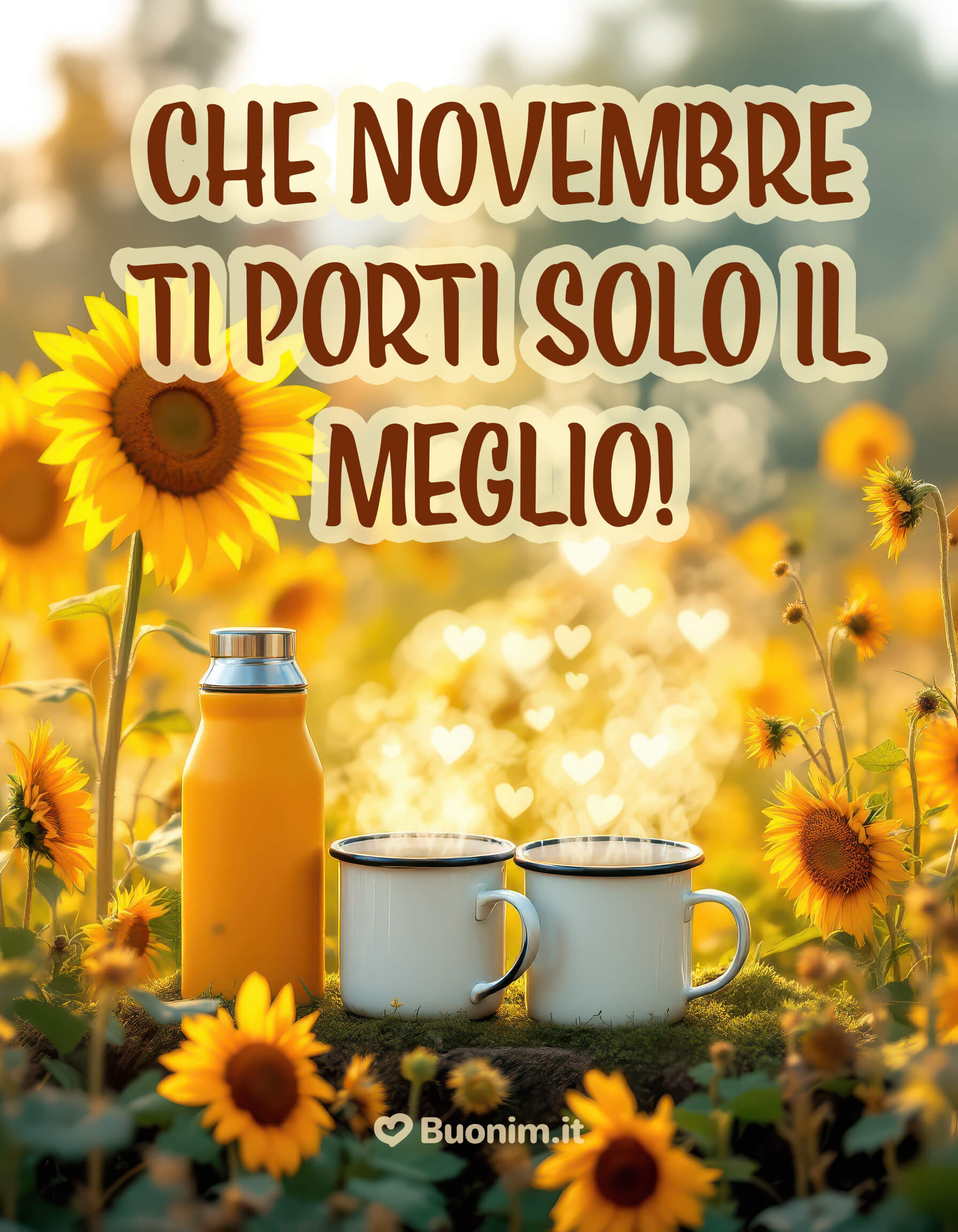 Girasoli e tazze per un dolce novembre Cuori di vapore tra i fiori dorati illuminano l’anima e il mattino. Felice giornata con caffè autunnale e immagini di novembre con belle frasi da condividere con chi porti nel cuore.