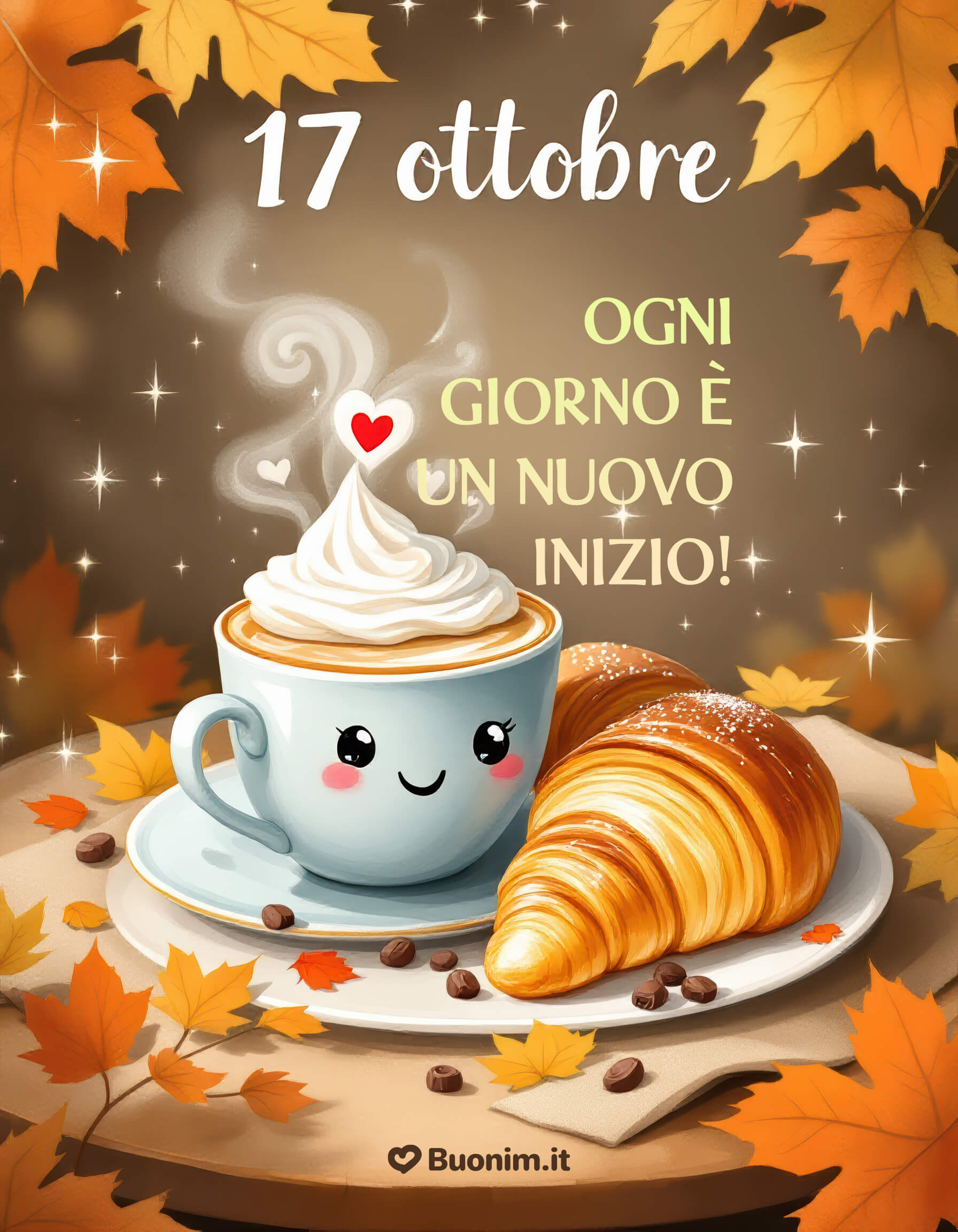 Un cappuccino felice per un nuovo inizio Il 17 ottobre porta un sorriso con questa immagine allegra e profumata di dolcezza. Ogni giorno è un’occasione per ricominciare con amore e ottimismo.