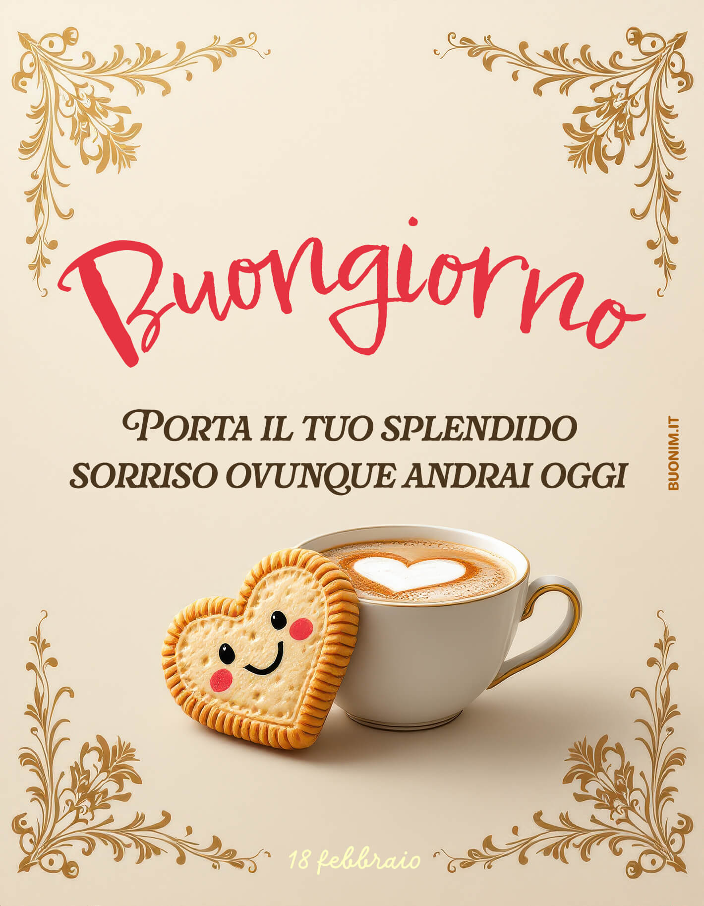 Il 18 febbraio inizia con il sorriso di questo dolce cuoricino Porta con te il sorriso di questo biscotto a forma di cuore. Ti auguro una colazione tranquilla e tanti incontri piacevoli che rendano più bella la tua giornata.