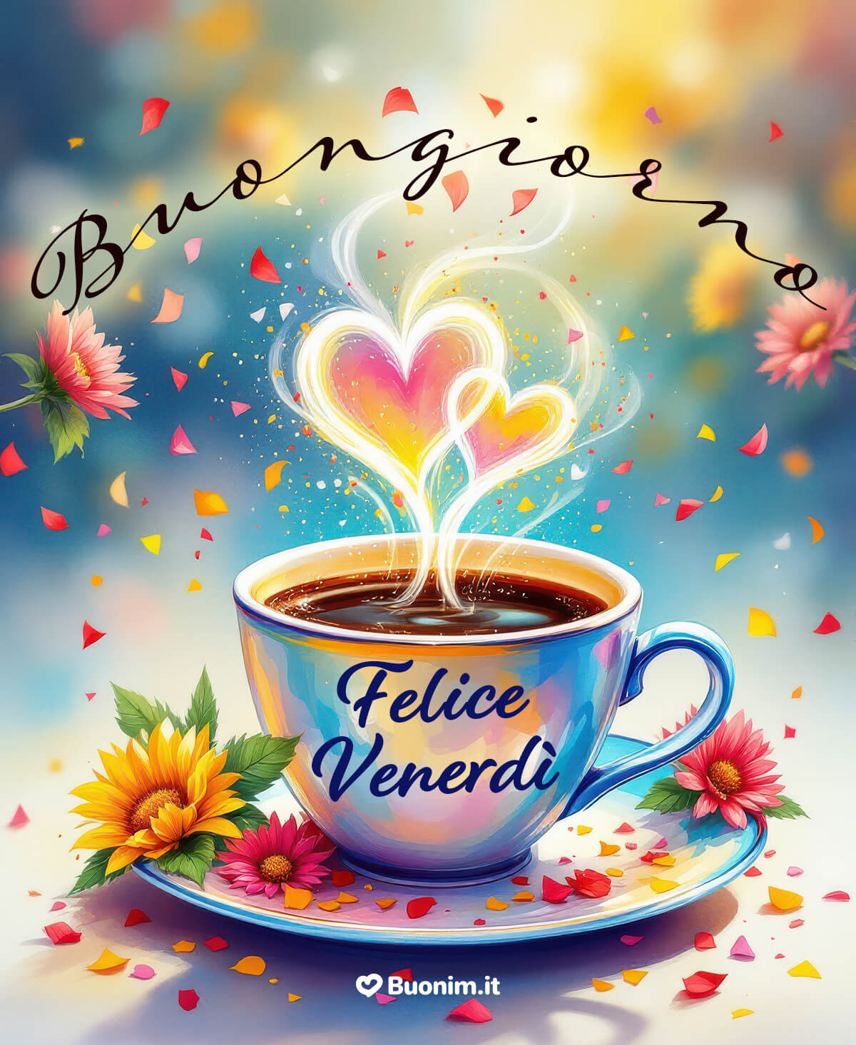 Il Senso della Vita Buongiorno e Buon Venerdì, Augurio Elegante Tra colori e cuori che salgono dal caffè, ti mando un augurio pieno d’affetto. Questa cartolina scalda il Venerdì e ricorda che la vita è fatta di piccoli gesti.