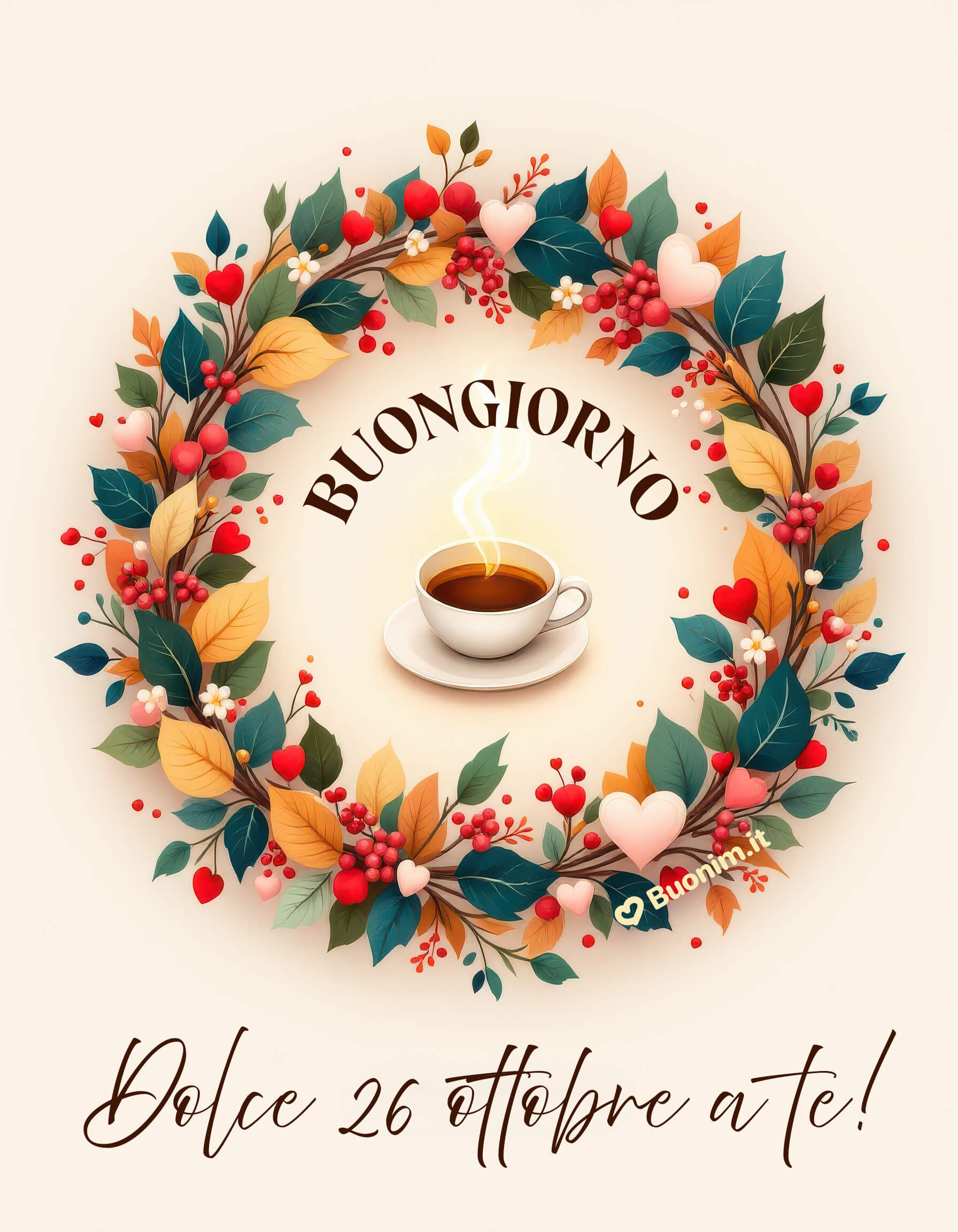 Ghirlanda d’autunno e caffè Buongiorno 26 ottobre Il calore delle foglie e un caffettino che fuma ti augurano una dolce giornata. Prenditi un attimo per respirare e scarica questa immagine per un abbraccione via WhatsApp