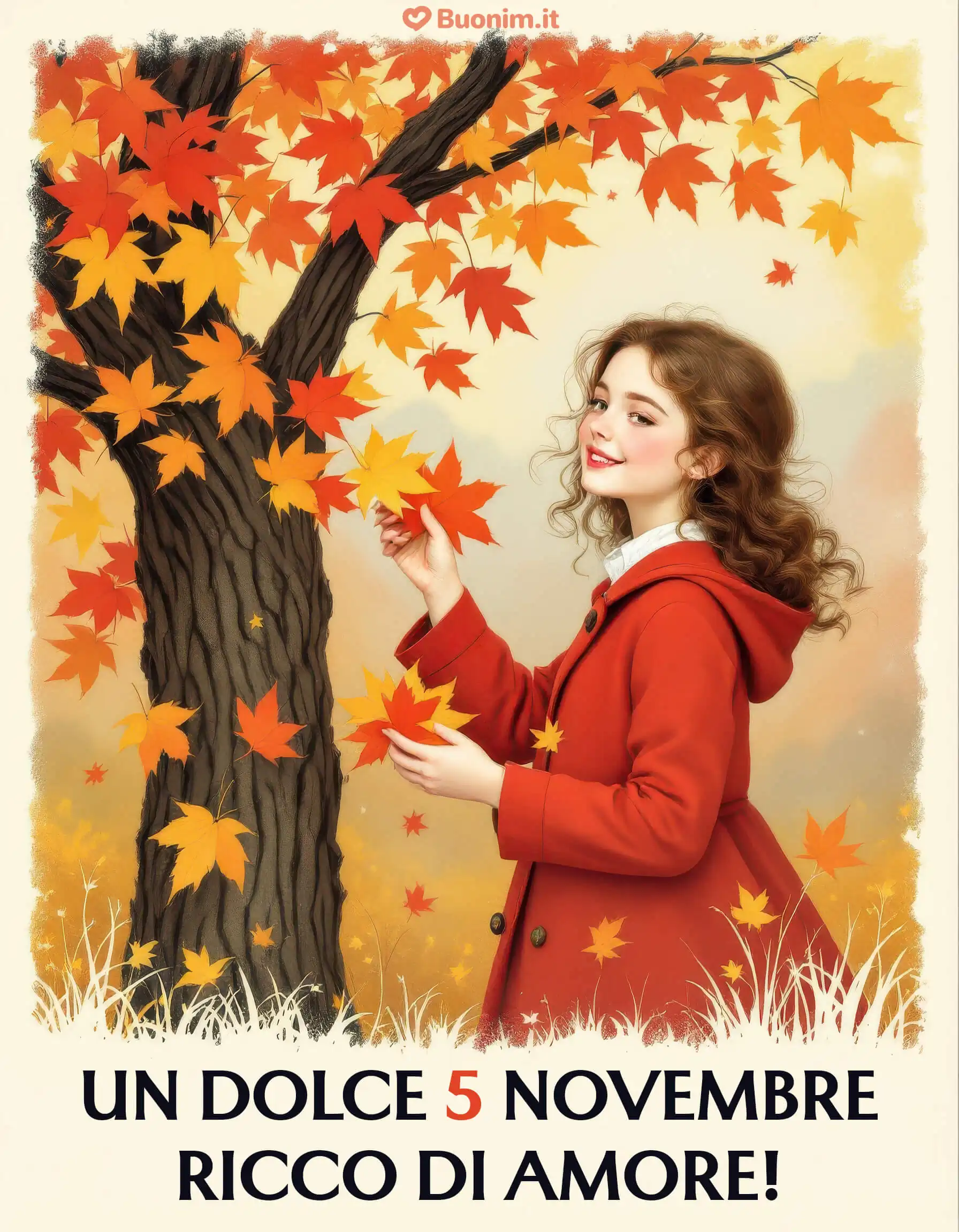 Dolce 5 novembre tra foglie e sorrisi Il cappottino rosso e l’autunno che profuma d’amore ti portano serenità e fiducia. Fai entrare la luce nel cuore e invia questa cartolina per augurare un abbraccio caldo a chi ami.