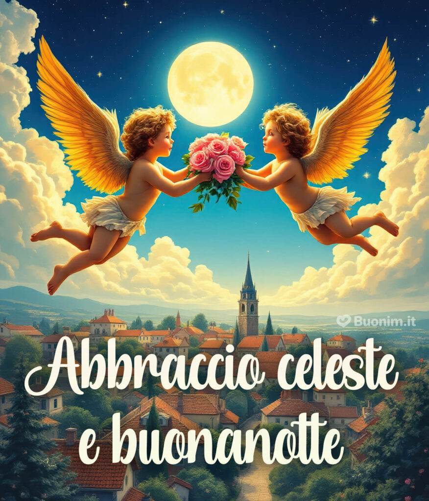 Immagine con frase di buonanotte con angeli per mandare un pensiero d’affetto