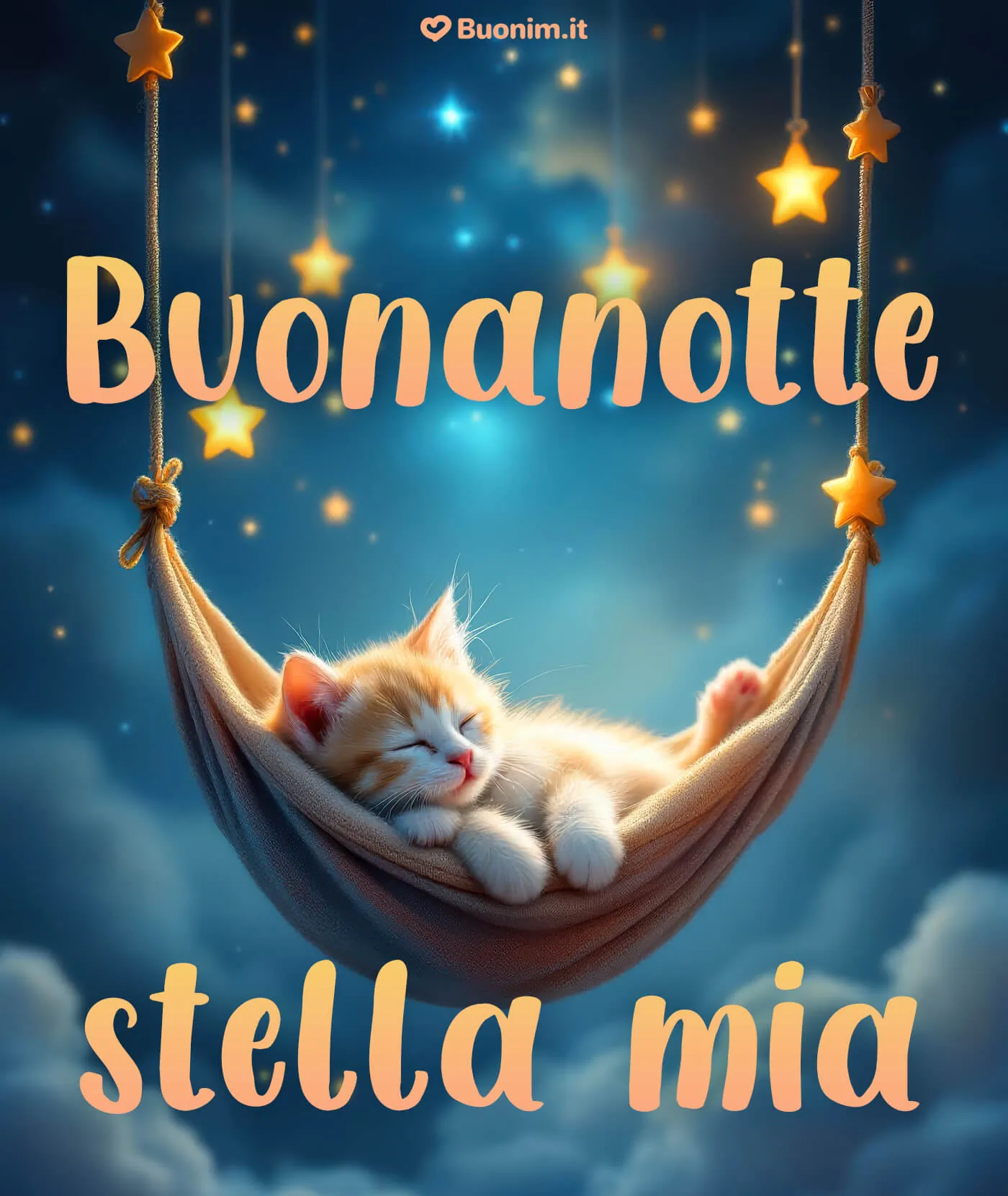 Immagine con frasi di buonanotte e gatti da condividere con il cuore