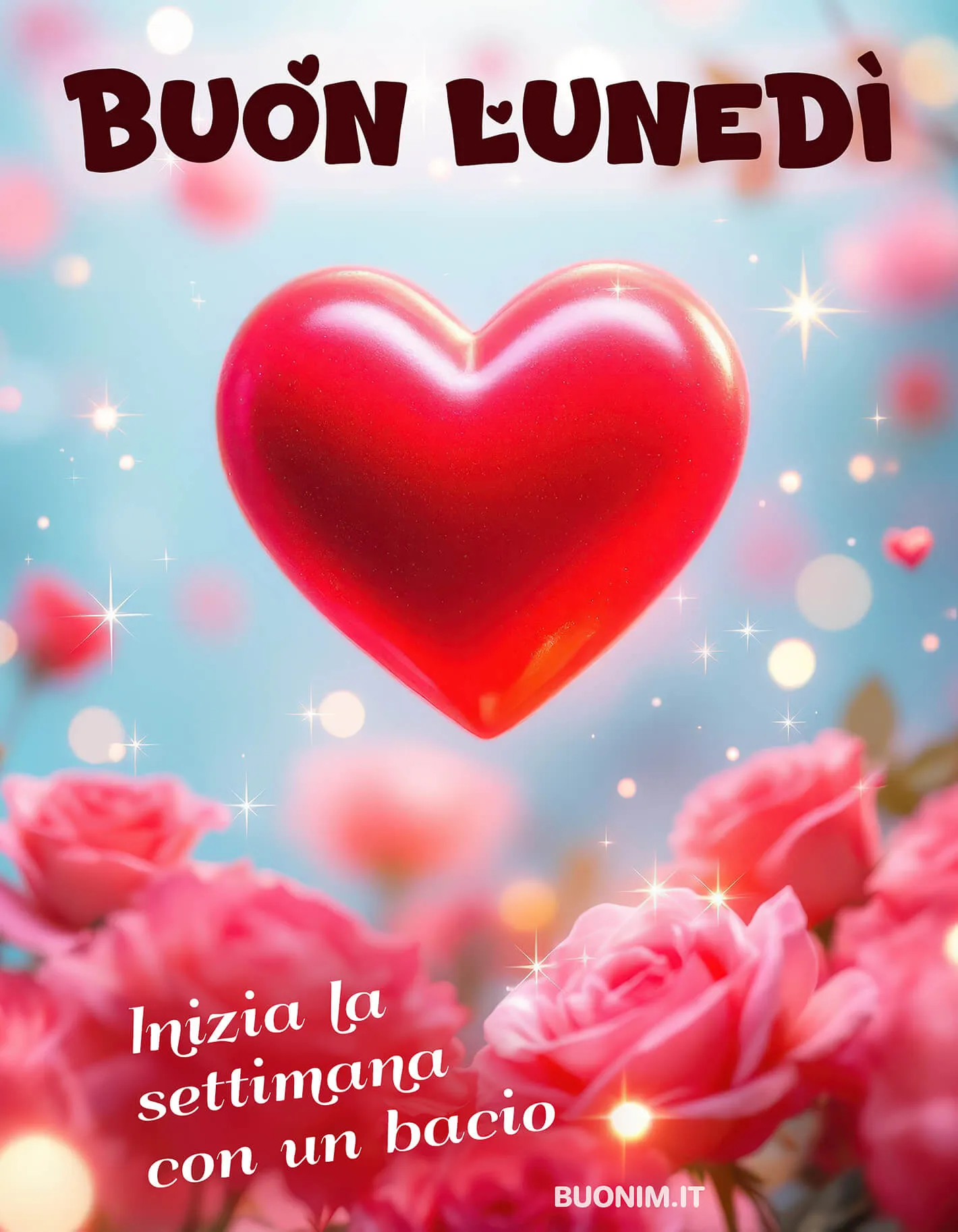 Fra rose luminose, un grande cuore rosso accende questa mattina con tutta la gioia di amarci. Buon lunedì, tesoro mio, possa ogni attimo regalarti affetto, fortuna, sorrisi e tanti baci.