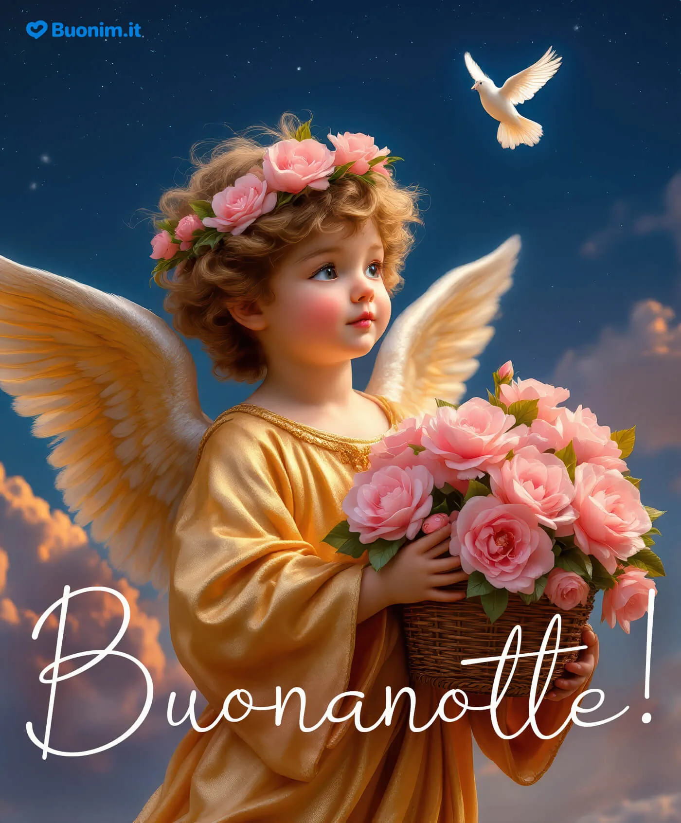 Un’immagine di angeli nel giardino delle fate per augurare la buonanotte, un tocco di magia prima di dormire