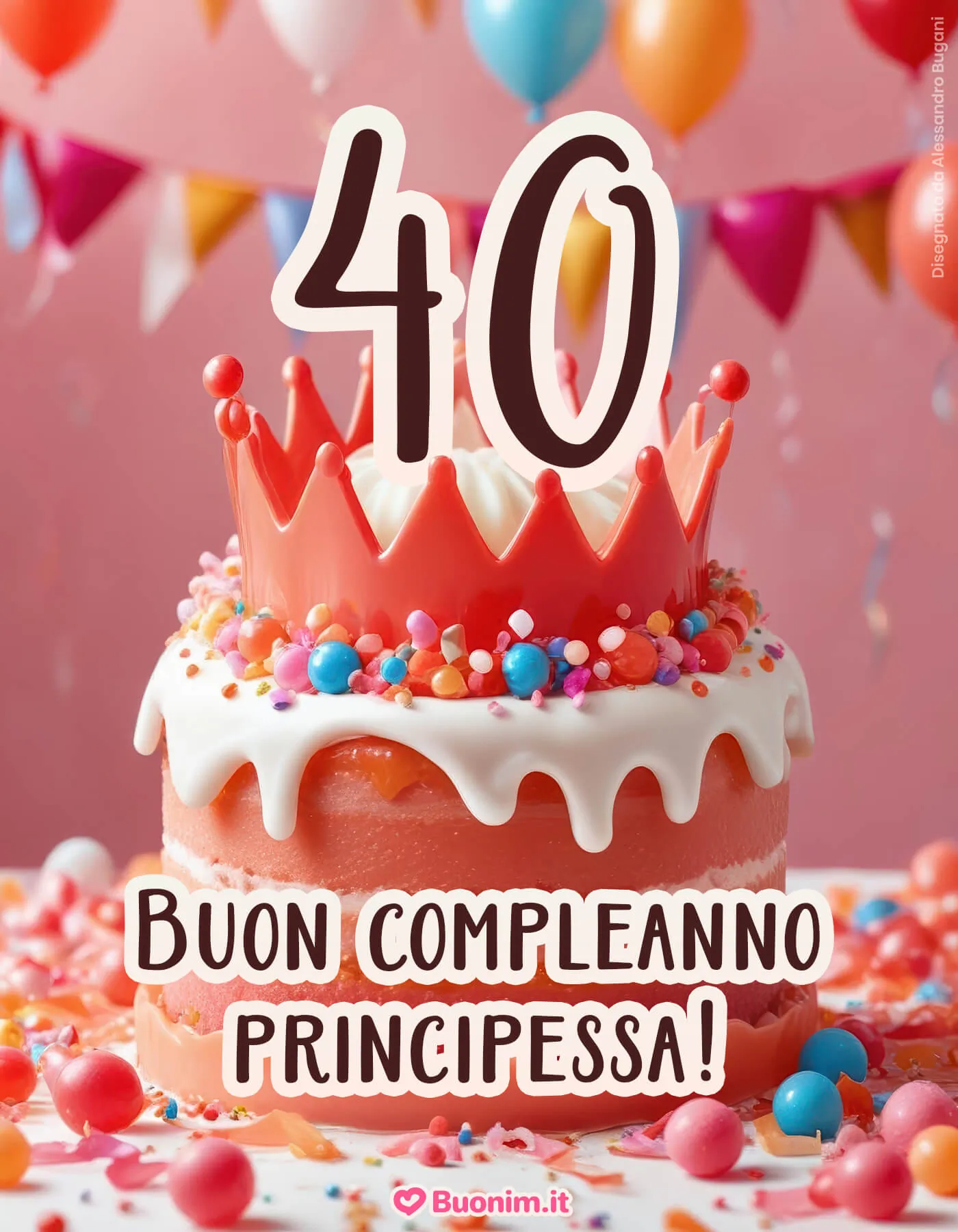 Immagine di auguri per i 40 anni di una donna per l’anniversario con frasi divertenti e fiori da inviare su WhatsApp