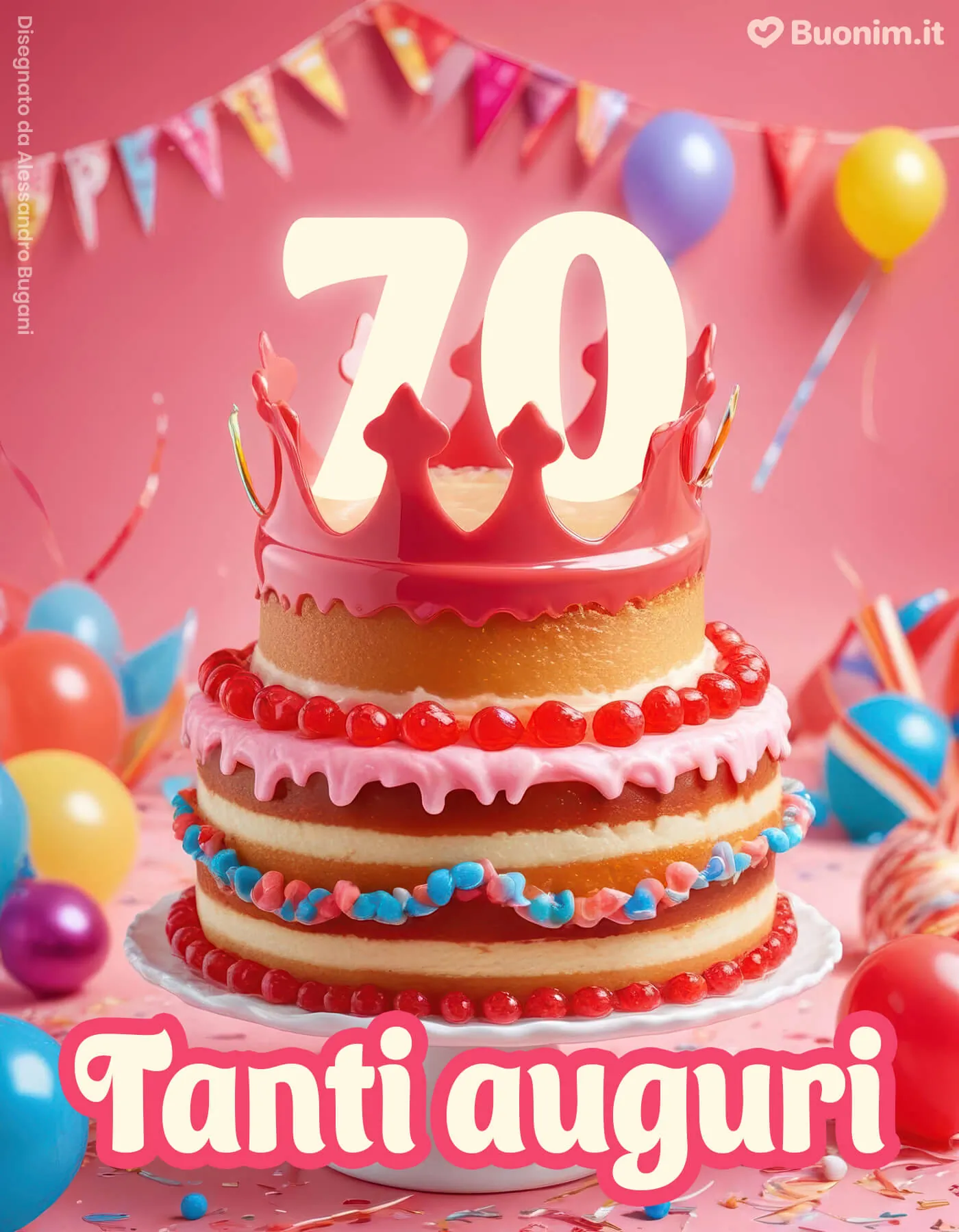 Immagine di auguri per i 70 anni donna con torta e messaggi pieni di calore