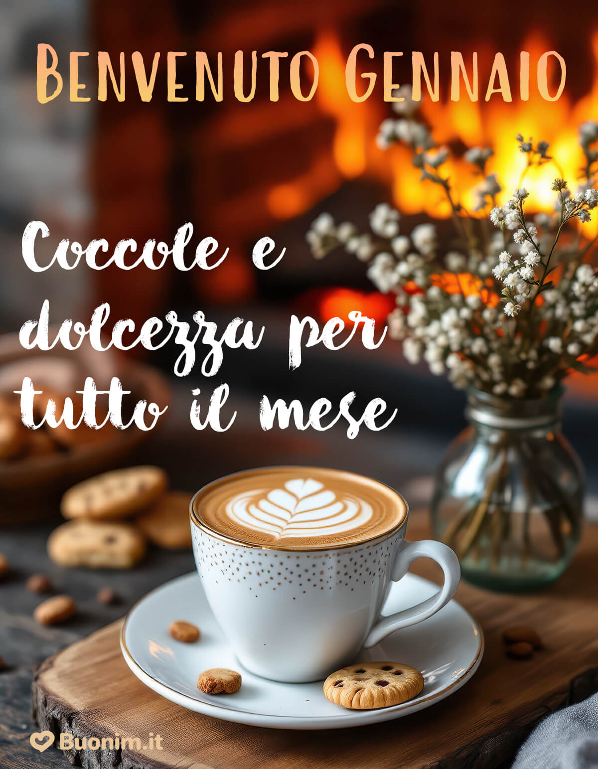 Immagine di buon inizio gennaio tra caffè e fiamme Davanti al camino, un cappuccino caldo porta coccole e dolcezza. Questa immagine di buon inizio gennaio è perfetta da inviare per il 1° gennaio per augurare pace, serenità e bacini.