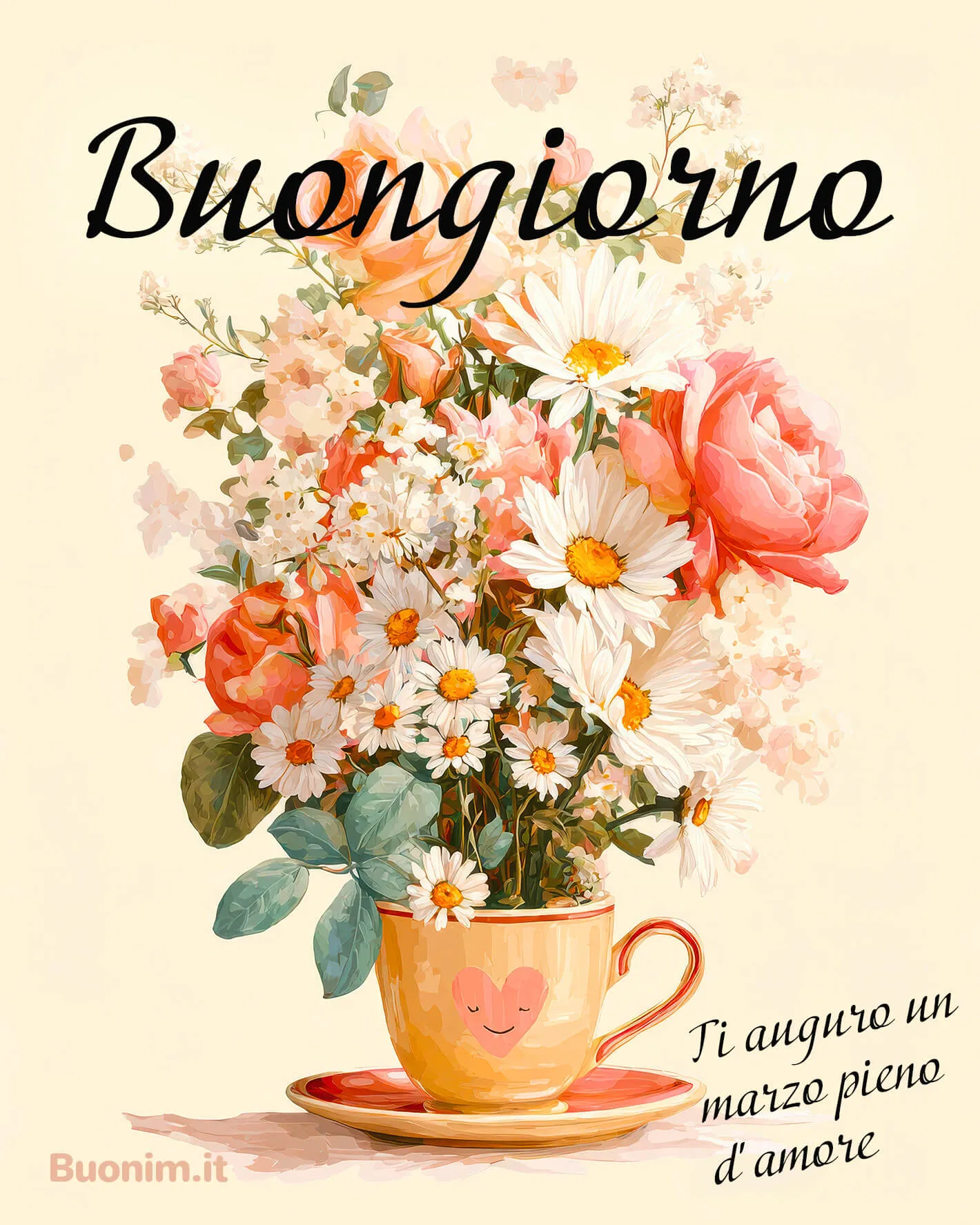 Immagine di buon marzo con fiori e dolcezza Tra petali delicati e profumo di primavera, ti auguro una giornata serena e piena d’amore. Condividere questa immagine per un buon mese di marzo porta un sorriso semplice e sincero.