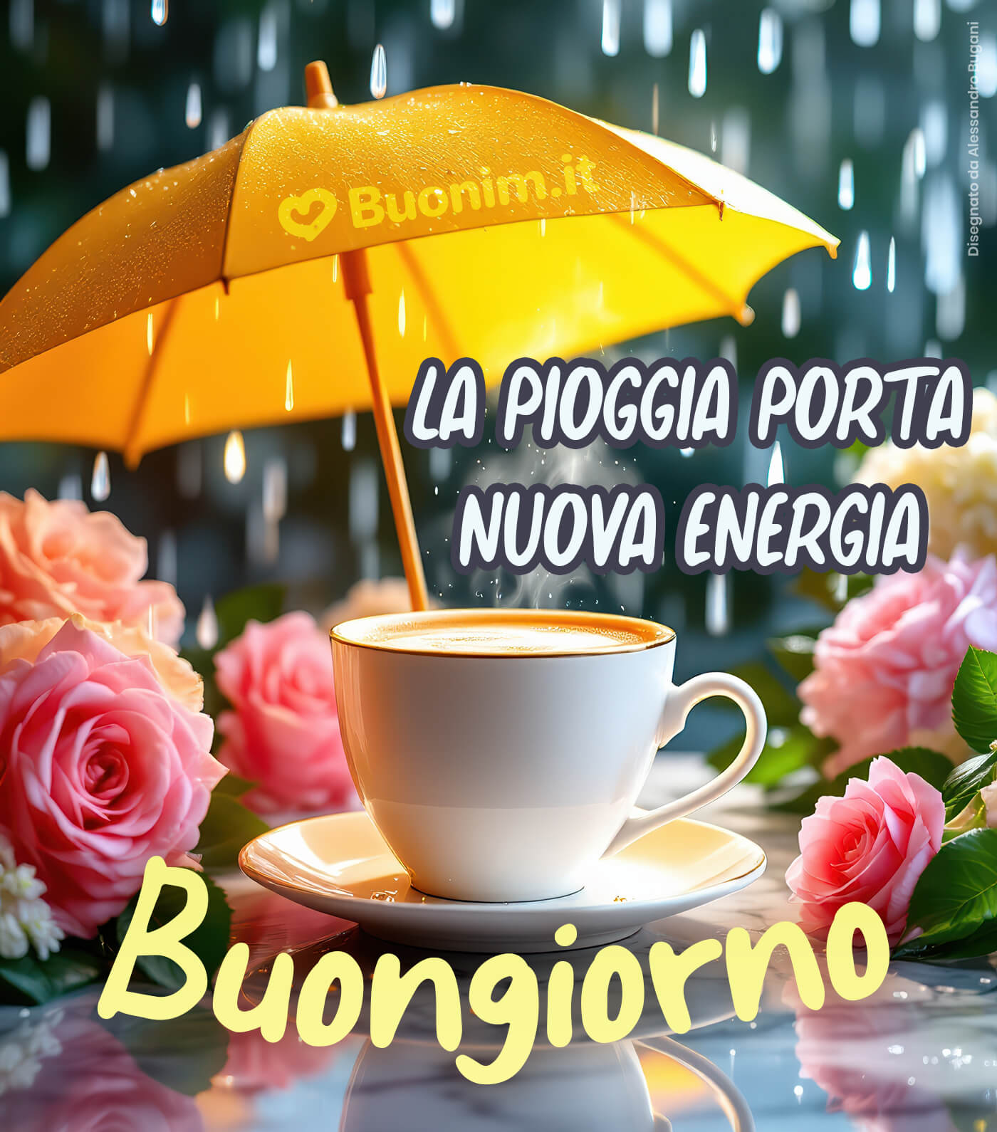 Un buongiorno su WhatsApp con la pioggia pieno di coccole Immagine di buongiorno sotto la pioggia con un caffè caldo
