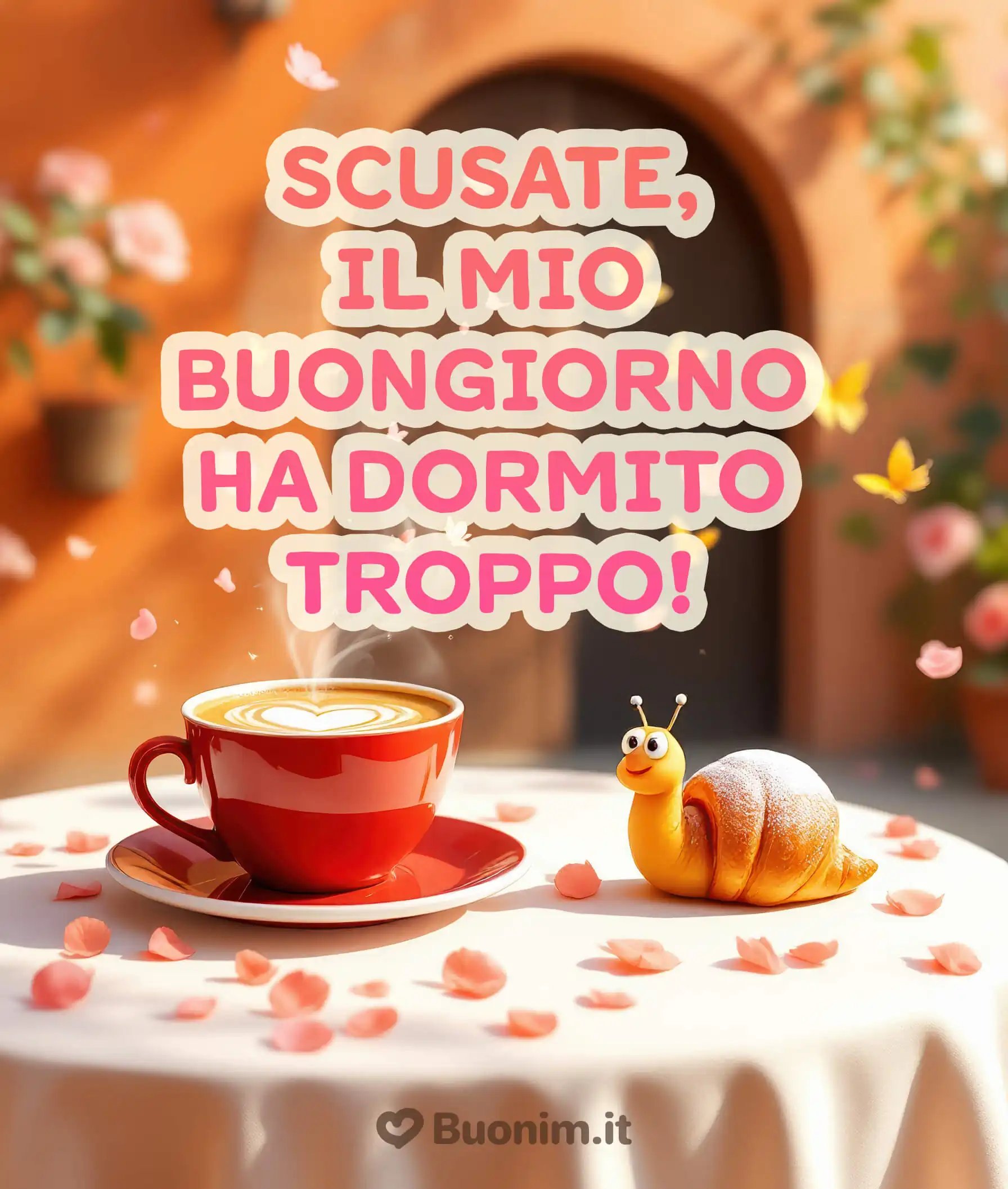 Scusate il mio buongiorno ha dormito troppo Immagine dolce e divertente per augurare comunque una giornata serena e luminosa anche se un po’ più tardi del solito