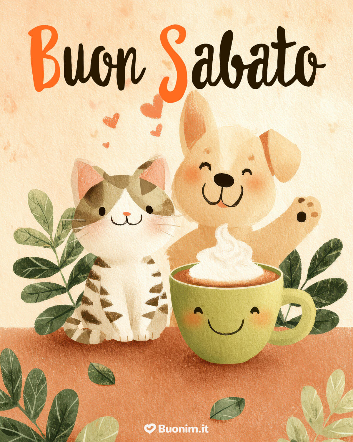 Immagine nuovissima di buongiorno e buon sabato Caffè caldo, micetto e cagnolino ti mandano un sorriso. Questa immagine nuovissima di buongiorno e buon sabato, con affetto, è perfetta da inviare a chi vuoi bene.