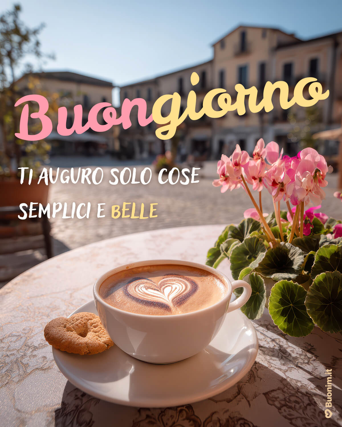 Immagine originale di buongiorno con il caffè e un cuore Profumo di caffè, un cuore nella schiuma e un pensiero leggero per te. Questa immagine originale di buongiorno è perfetta da inviare a chi ami per augurare una giornata serena.