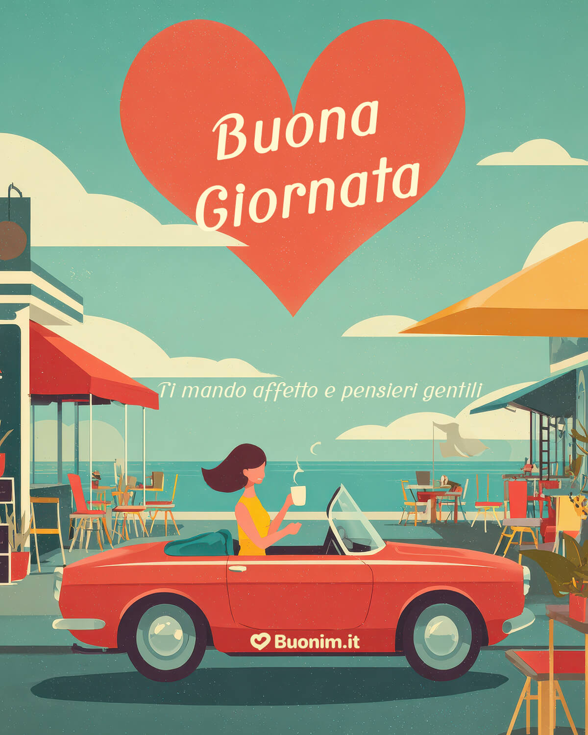 Immagine simpatica di buongiorno con amore in viaggio Tra mare, caffè fumante e cuore gigante ti mando affetto e pensieri gentili. Questa immagine simpatica di buongiorno porta leggerezza, buonumore e voglia di abbracciarsi anche da lontano.