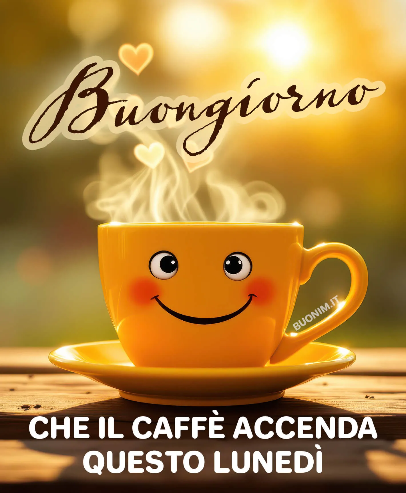 Nel chiarore dorato, la tazza sorridente accende il lunedì con calore e ti manda un buongiorno speciale. Condividere questa immagine porta luce, coccole, ottimismo alla persona che ami.