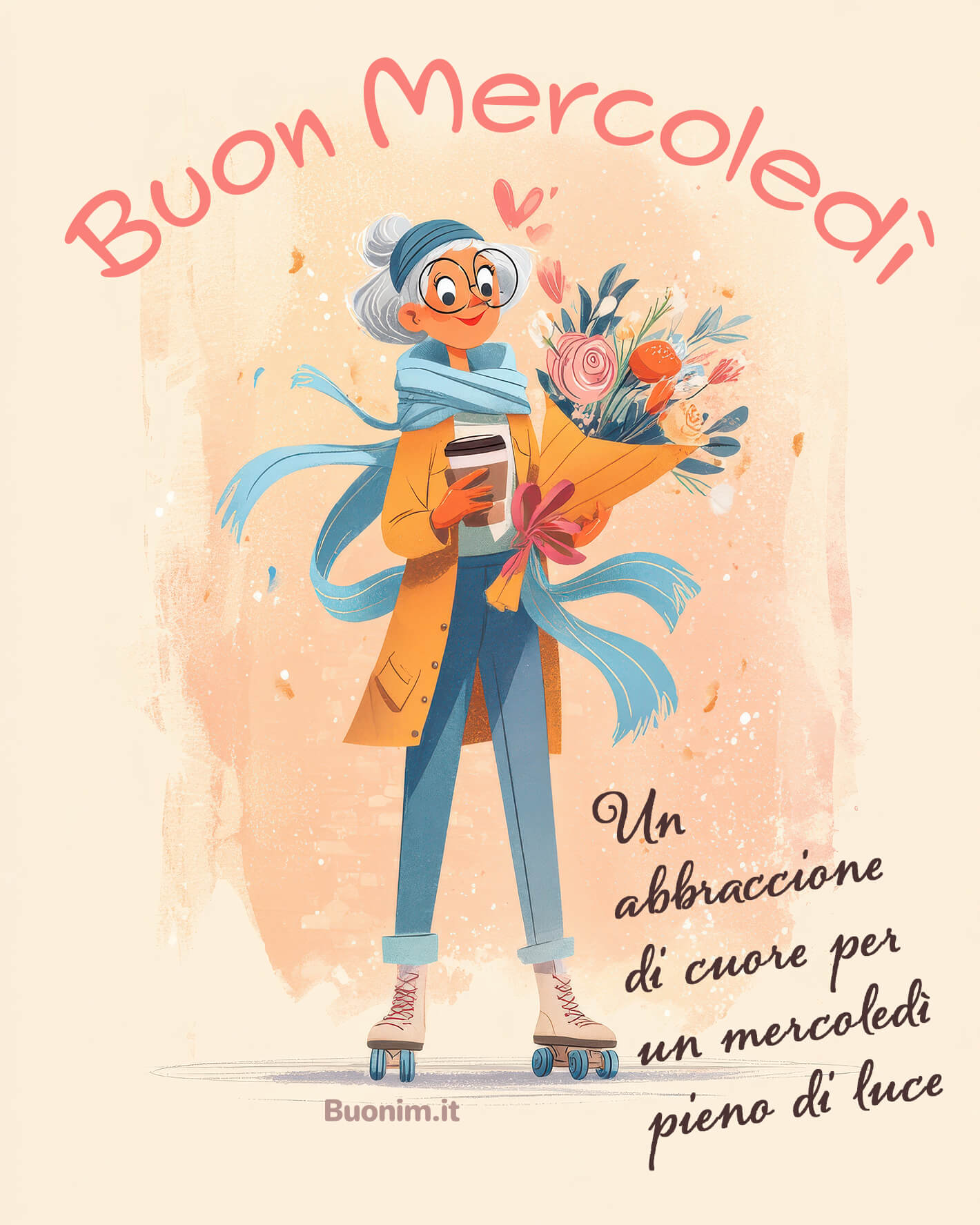 Immagini Buon Mercoledì con abbraccio di cuore Tra fiori, un sorriso e un caffè al volo arriva il tuo buongiorno di mercoledì. Ti mando un abbraccione e tanta energia, perfetta da inviare a chi vuoi bene.