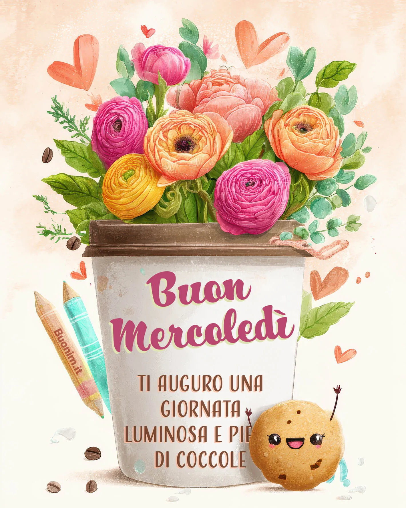 Colori delicati e una frase per un buon mercoledì che porta luce. Ti va di condividerla su WhatsApp per augurare una giornata luminosa, piena di coccole e sorrisi.