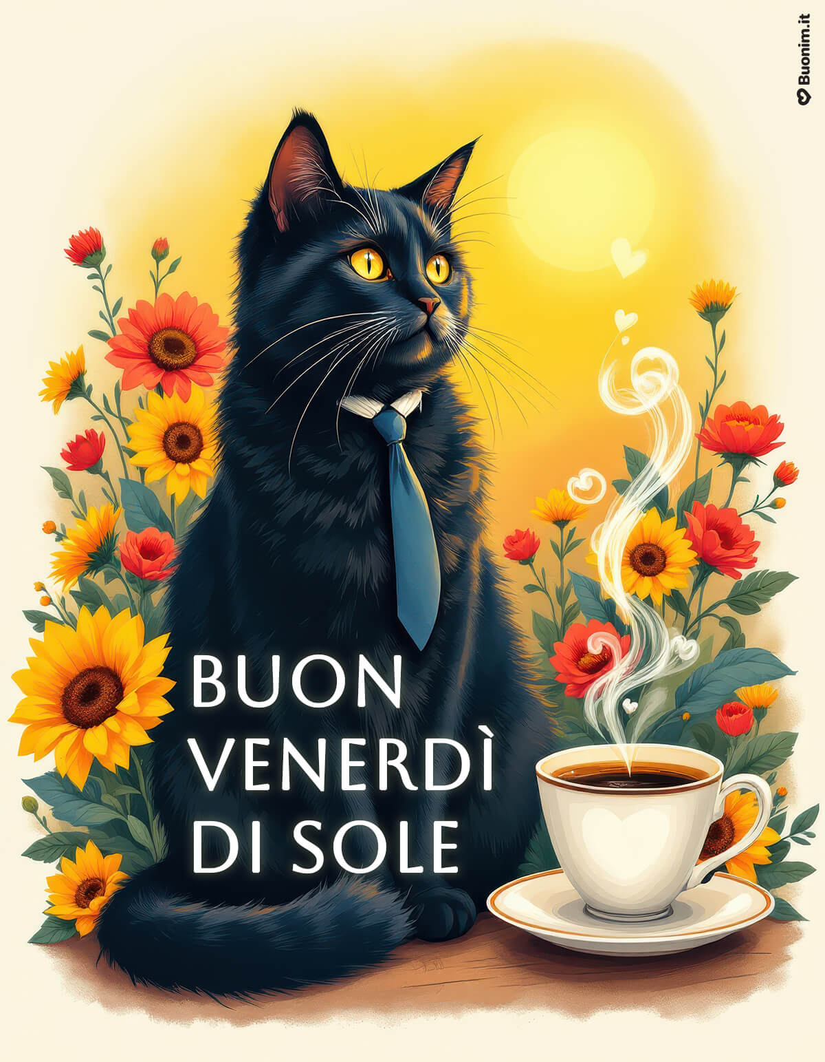 Immagini Recenti di Buon Venerdì Sereno con Gatto Tra sole e fiori, il gatto elegante con la cravatta fa compagnia. Nelle immagini recenti trovi un augurio di buon venerdì sereno da condividere con affetto e buonumore.