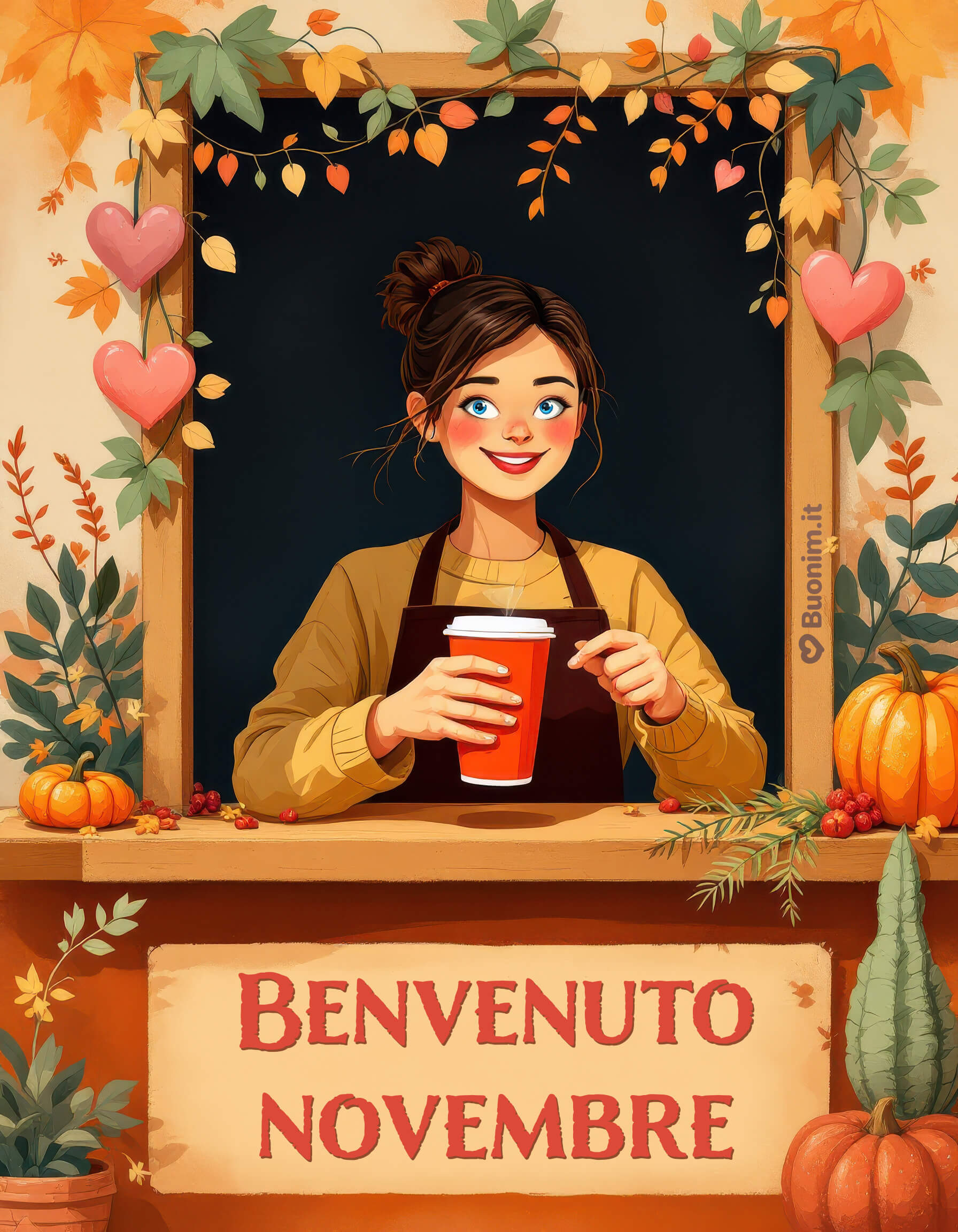 Immagini di benvenuto novembre dallo stand vintage Un sorriso dietro al banchetto tra zucche e cuori. Auguri di buon novembre e buona settimana, che porti serenità e dolci abbracci. Immagini nuove e luminose da inviare con affetto.