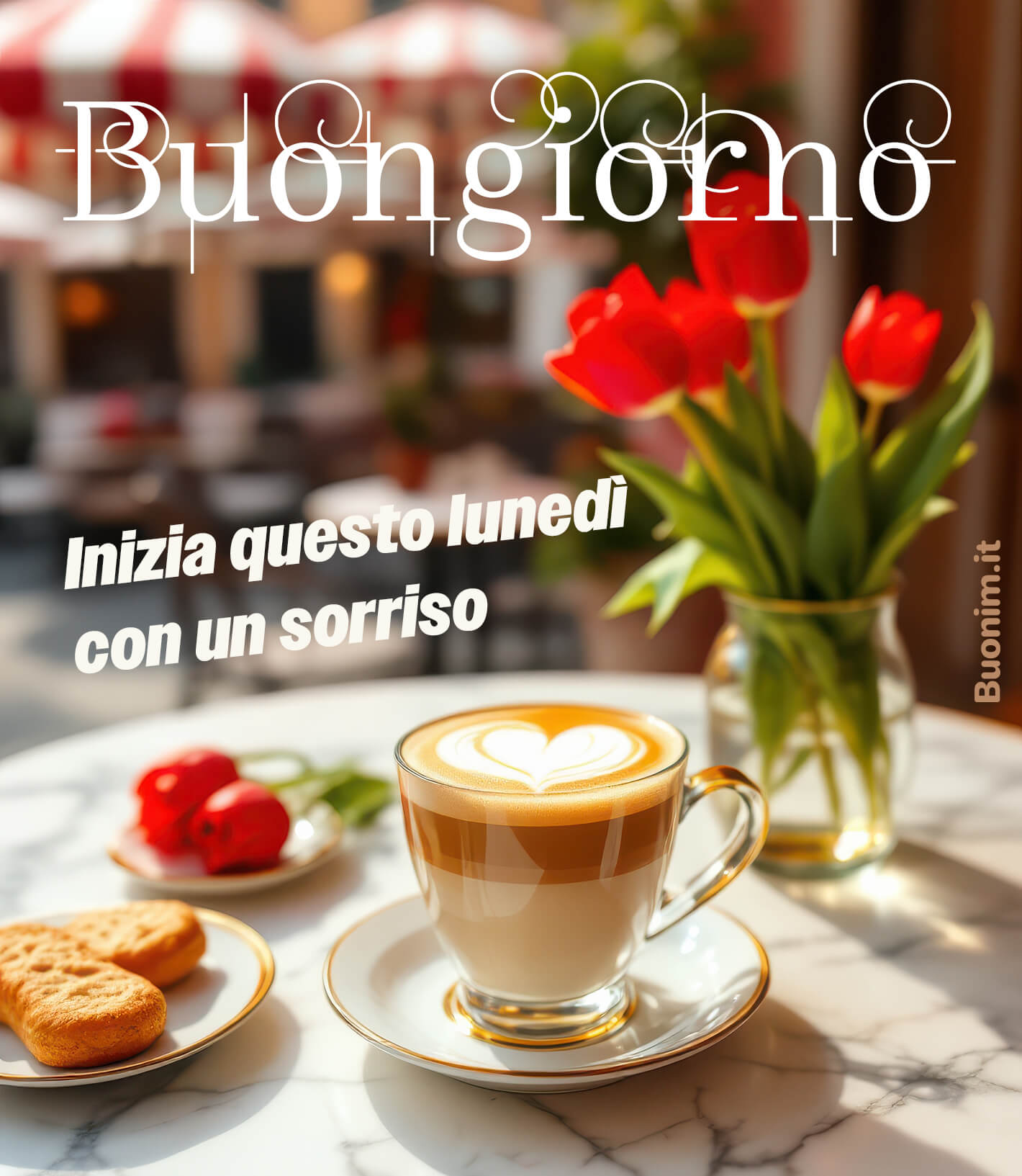 Buongiorno e buon lunedì con un augurio che sa di calma e di luce. Questa cartolina è perfetta per iniziare la mattina con dolcezza, buonumore e un pensiero pieno di affetto.
