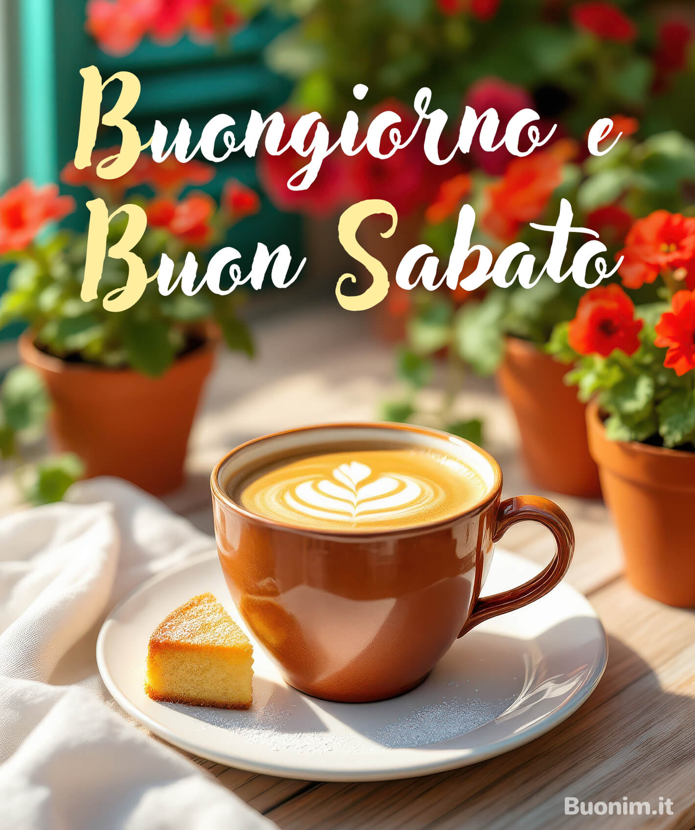 Il profumo del mattino e un momento tutto per sé rendono questo augurio speciale. Perfetta da inviare per regalare un buongiorno affettuoso e un sabato pieno di buonumore.