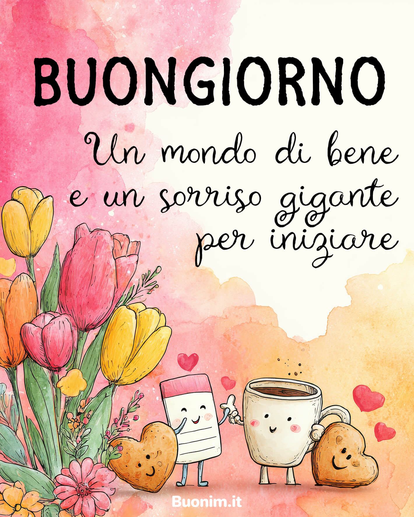 Tra fiori, cuori e dolci sorrisi, questa cartolina regala un augurio pieno di affetto. Perfetta per augurare una buona giornata con leggerezza, serenità e un tocco di dolcezza.