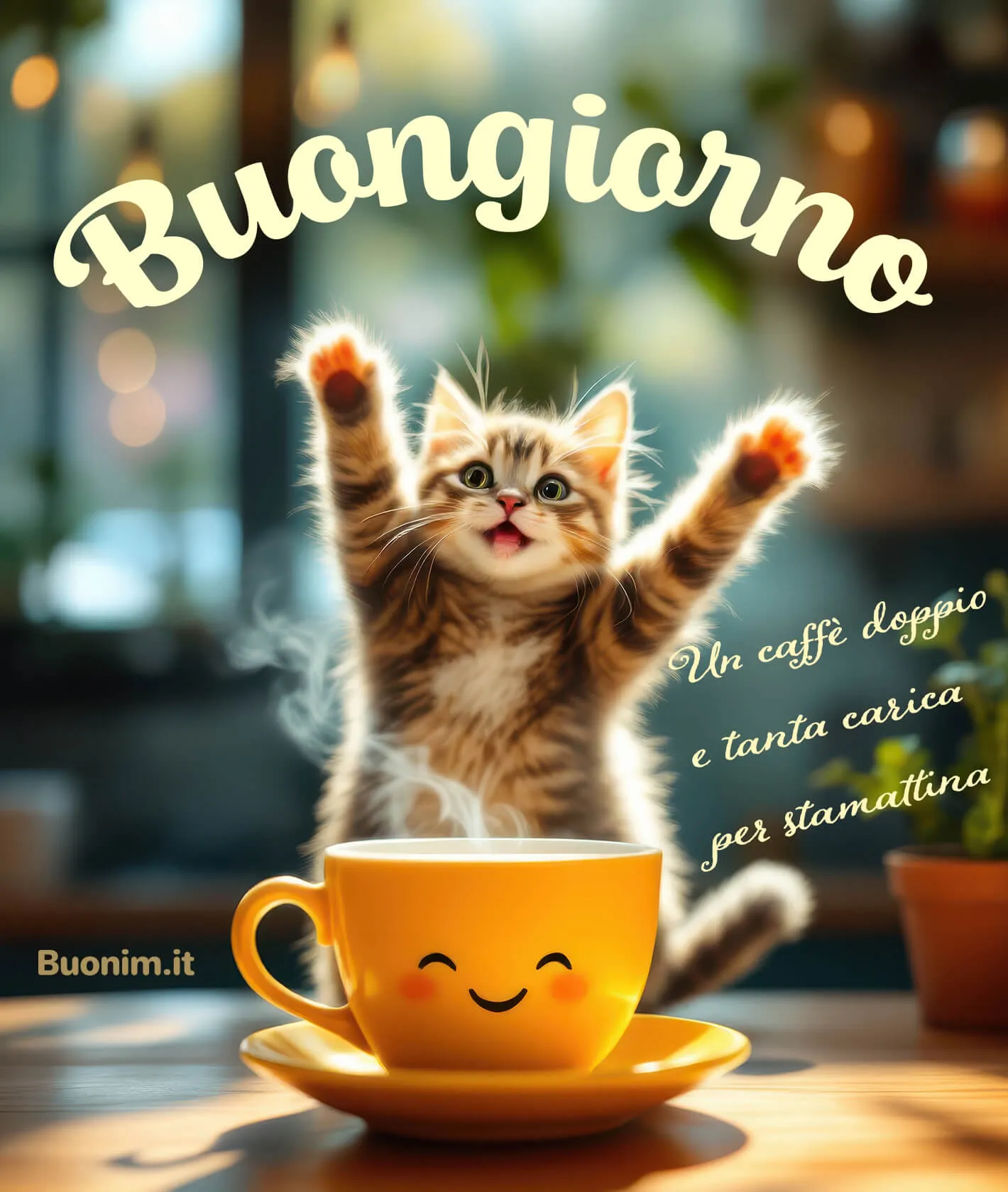 Con quel musetto vivace e la tazza fumante, questa immagine porta subito allegria. Puoi condividerla per regalare coccole, energia positiva e un buongiorno pieno di tenerezza e sorrisi.