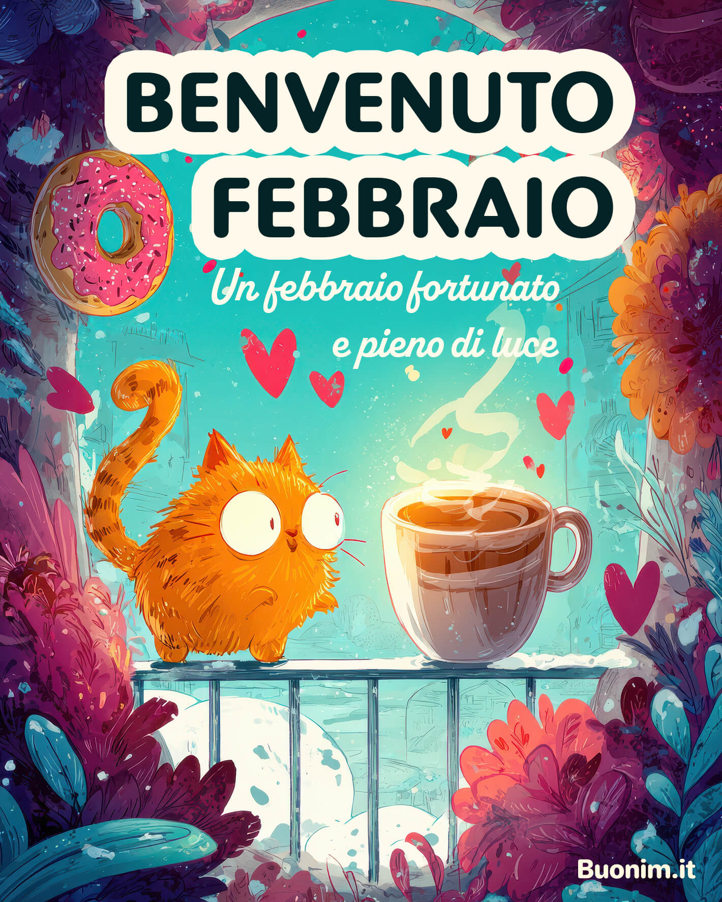 Immagini di buongiorno febbraio con gattino e caffè fumante Profumo di caffè e un gattino curioso scaldano il cuore. Tra le immagini di buongiorno febbraio, questa cartolina è ideale per dire benvenuto febbraio e regalare un sorriso.