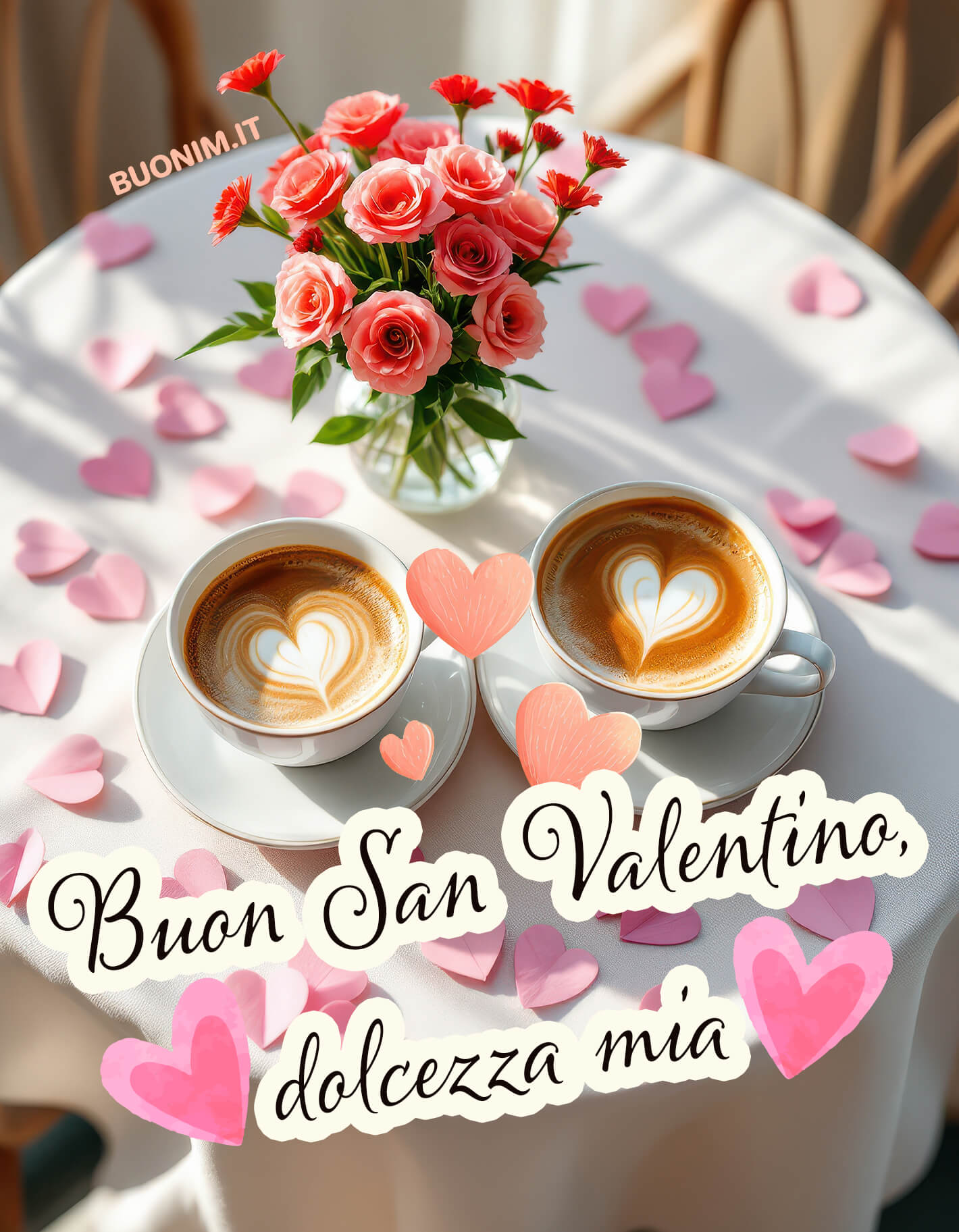 Due tazze di caffè con un cuore e delle rose rosse rendono speciale il buongiorno. Condividi questa immagine di San Valentino per augurare amore, dolcezza, coccole e una splendida giornata insieme.
