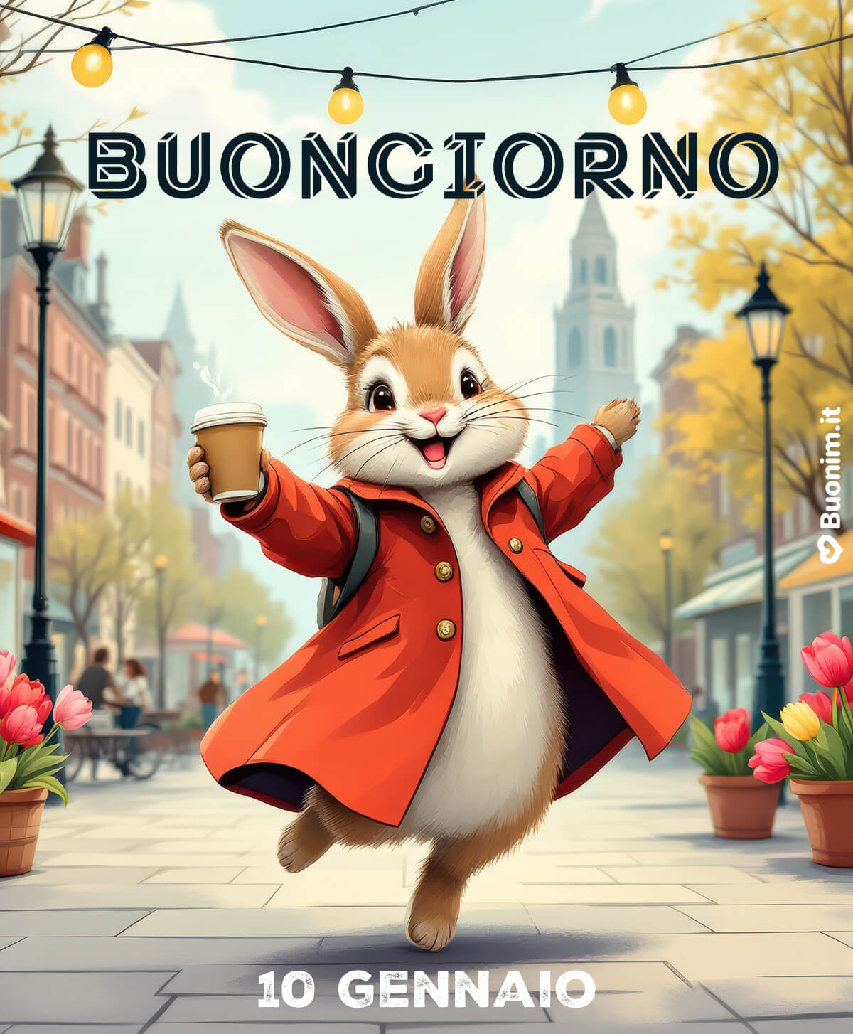 Immagini di buongiorno per un 10 gennaio felice Un salto allegro in città, il coniglietto con il cappotto arancione stringe una tazza di caffè caldo e ti invita a vivere il 10 gennaio con entusiasmo, fiducia, abbracci e sogni nuovi.