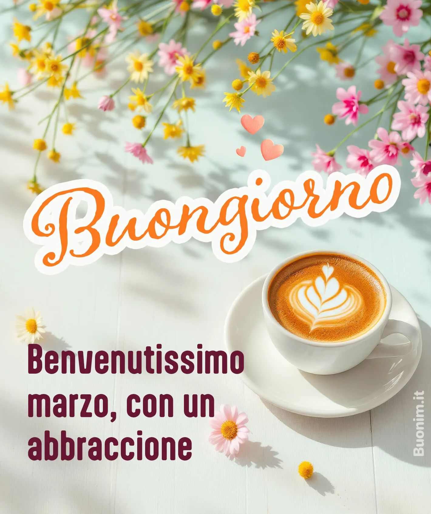 Immagini di marzo con caffè e abbraccione Il profumo dei fiori di marzo e un cappuccino cremoso fanno compagnia al tuo risveglio. Condividila tra le immagini di buongiorno e felice marzo e manda un abbraccione pieno di luce.