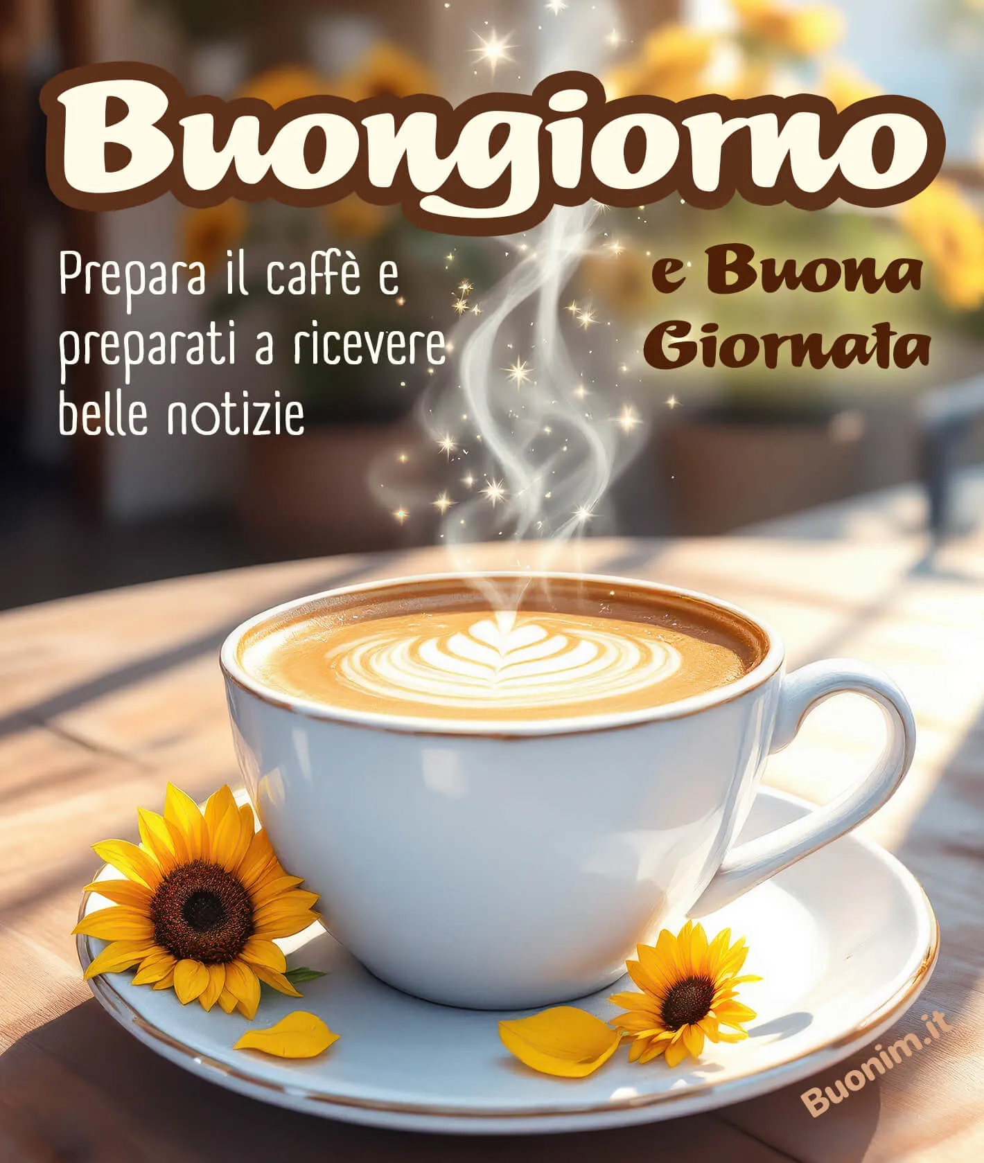 La luce del mattino e il profumo del caffè accompagnano un messaggio pieno di energia positiva. Una scelta splendida per augurare il buongiorno con calore, ottimismo e un abbraccio leggero.