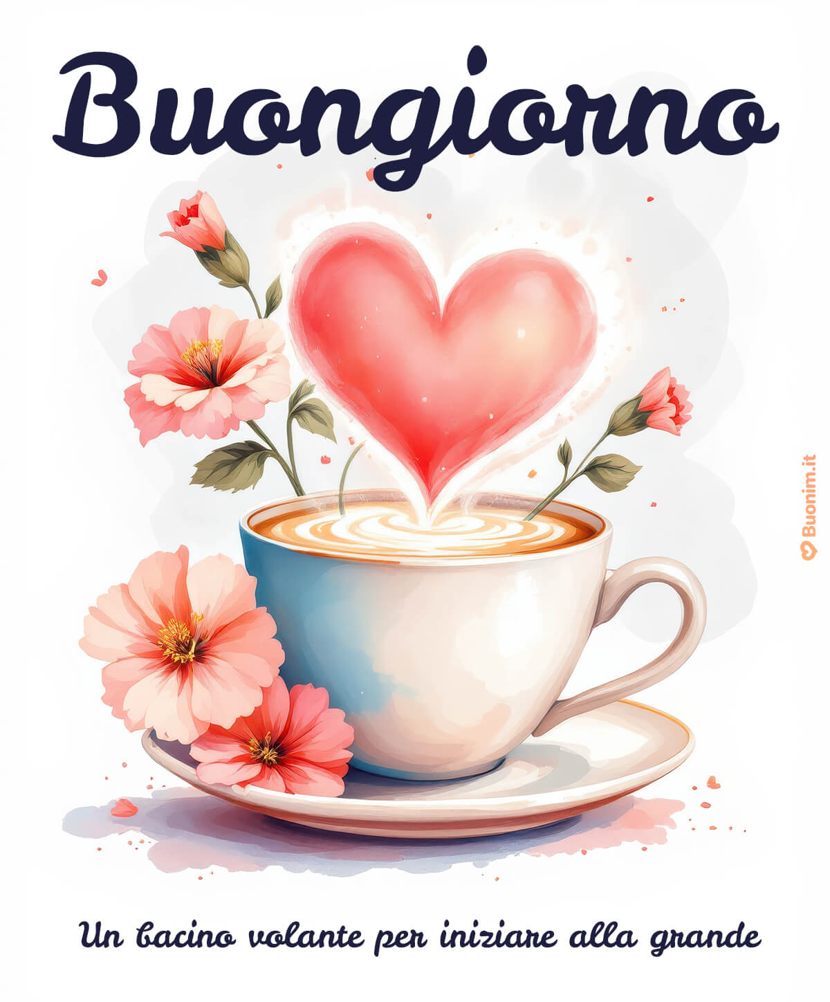 Immagini rare di buongiorno con bacino volante Tra fiori delicati e un caffè che profuma d’amore, questa cartolina inedita porta un bacino leggero. Condividila con chi ami per una buona giornata piena di dolcezza.