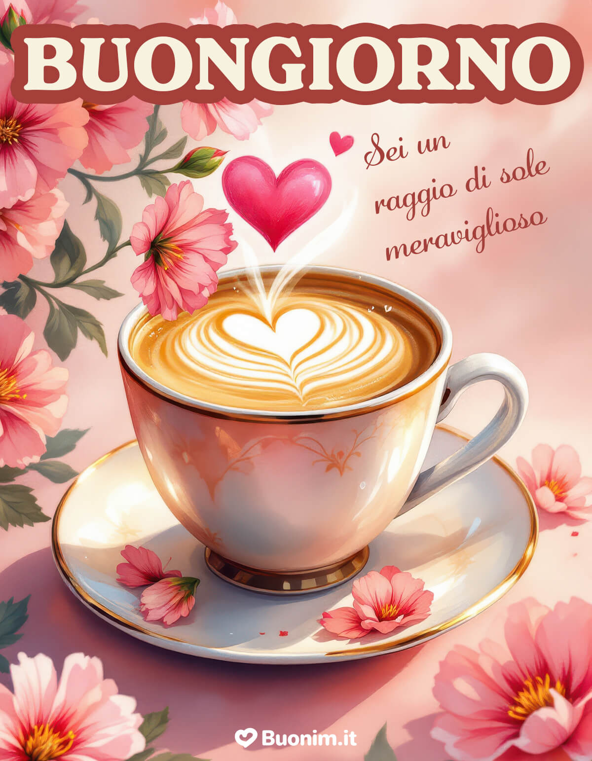 Tra petali rosa e schiuma morbida, arriva un buongiorno pieno d’amore. Questa immagine speciale, rara e inedita, dice che sei un raggio di sole, con dolcezza.
