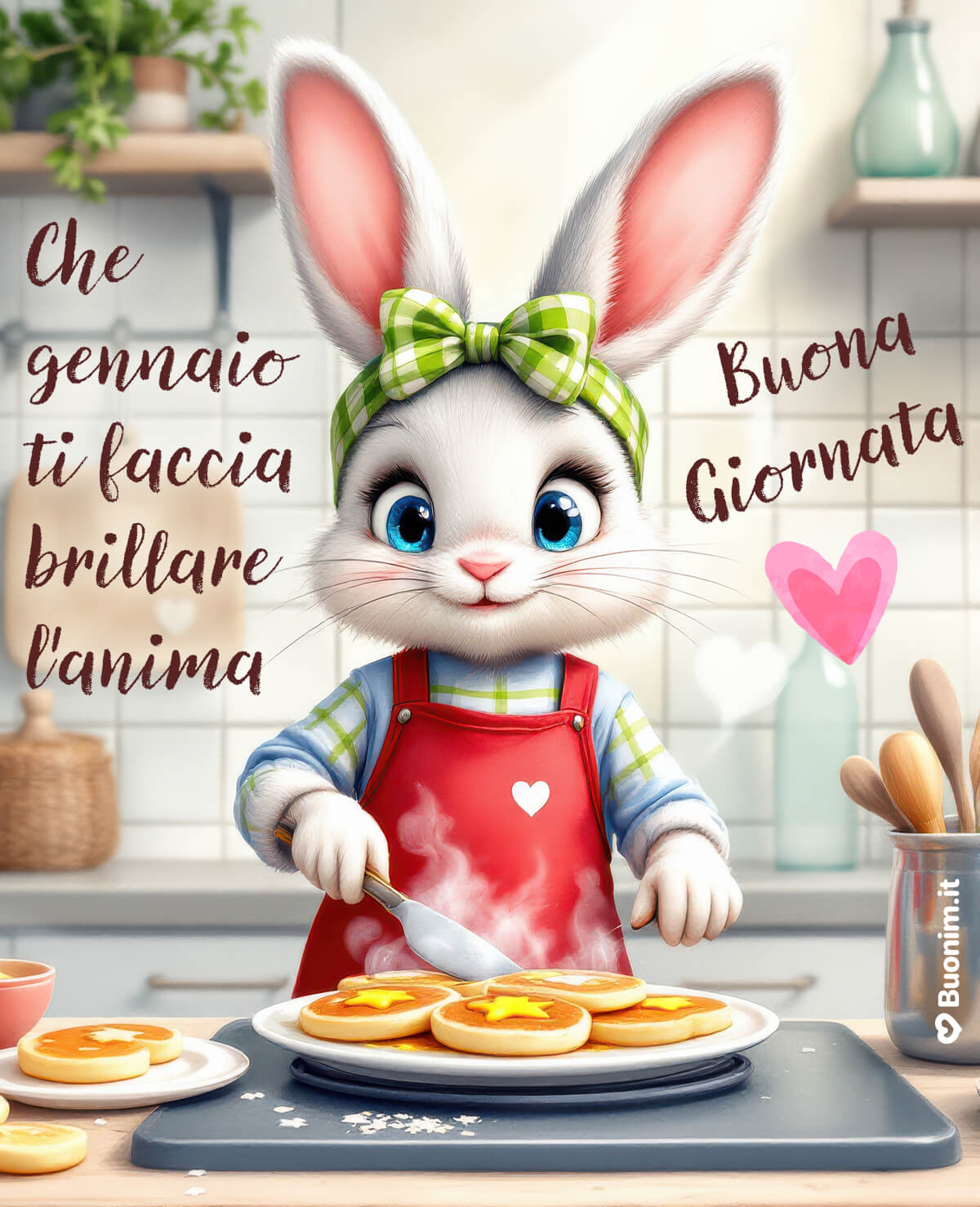 In cucina, coniglietta e cuore per una buona giornata Profumo di colazione e dolcezza in cucina, mentre la coniglietta prepara pancake a forma di cuore. Ti auguro una buona giornata di gennaio, piena di coccole, pace e pensieri belli.